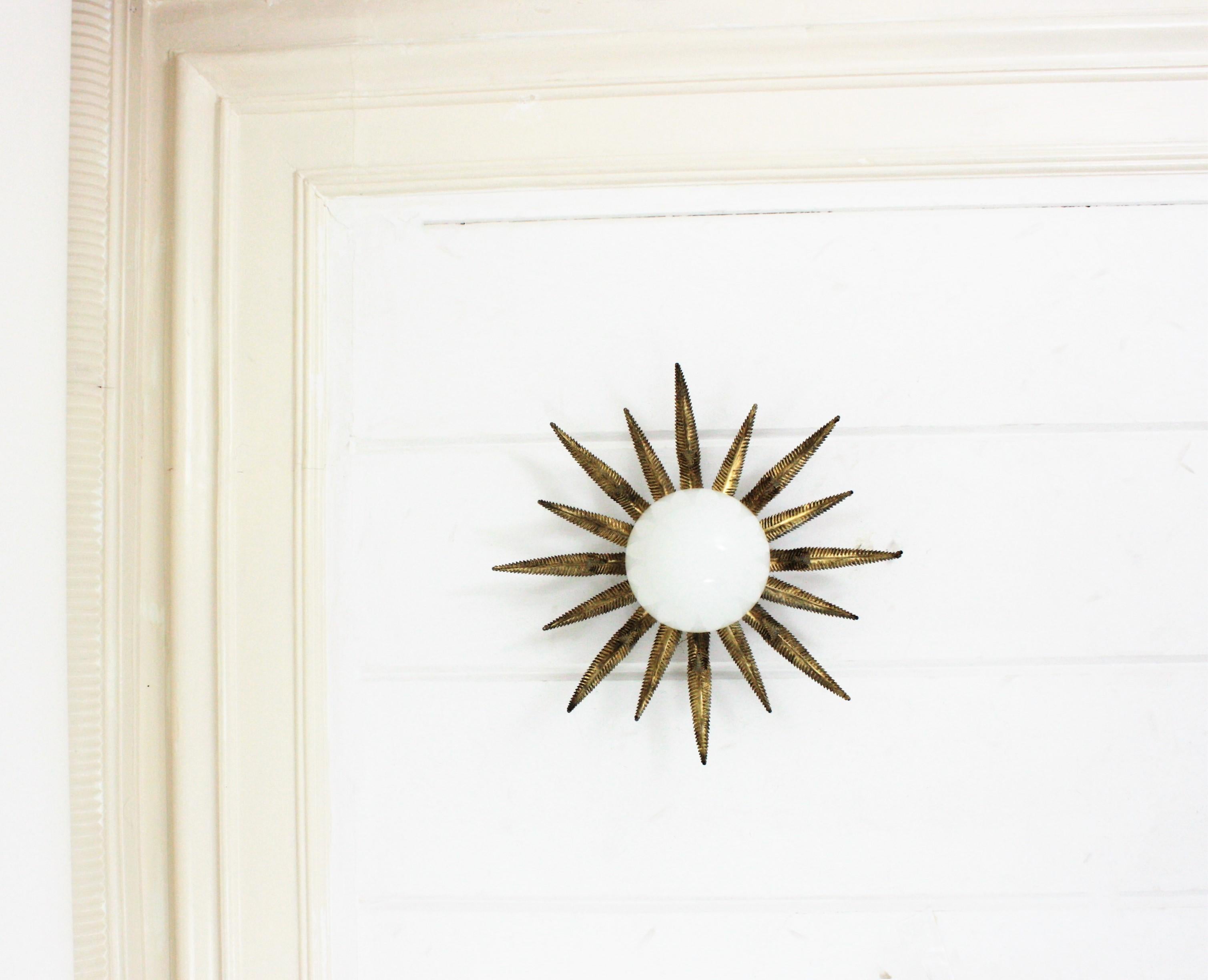 French Sunburst Starburst Light Fixture, Gilt Metal and Milk Glass 9