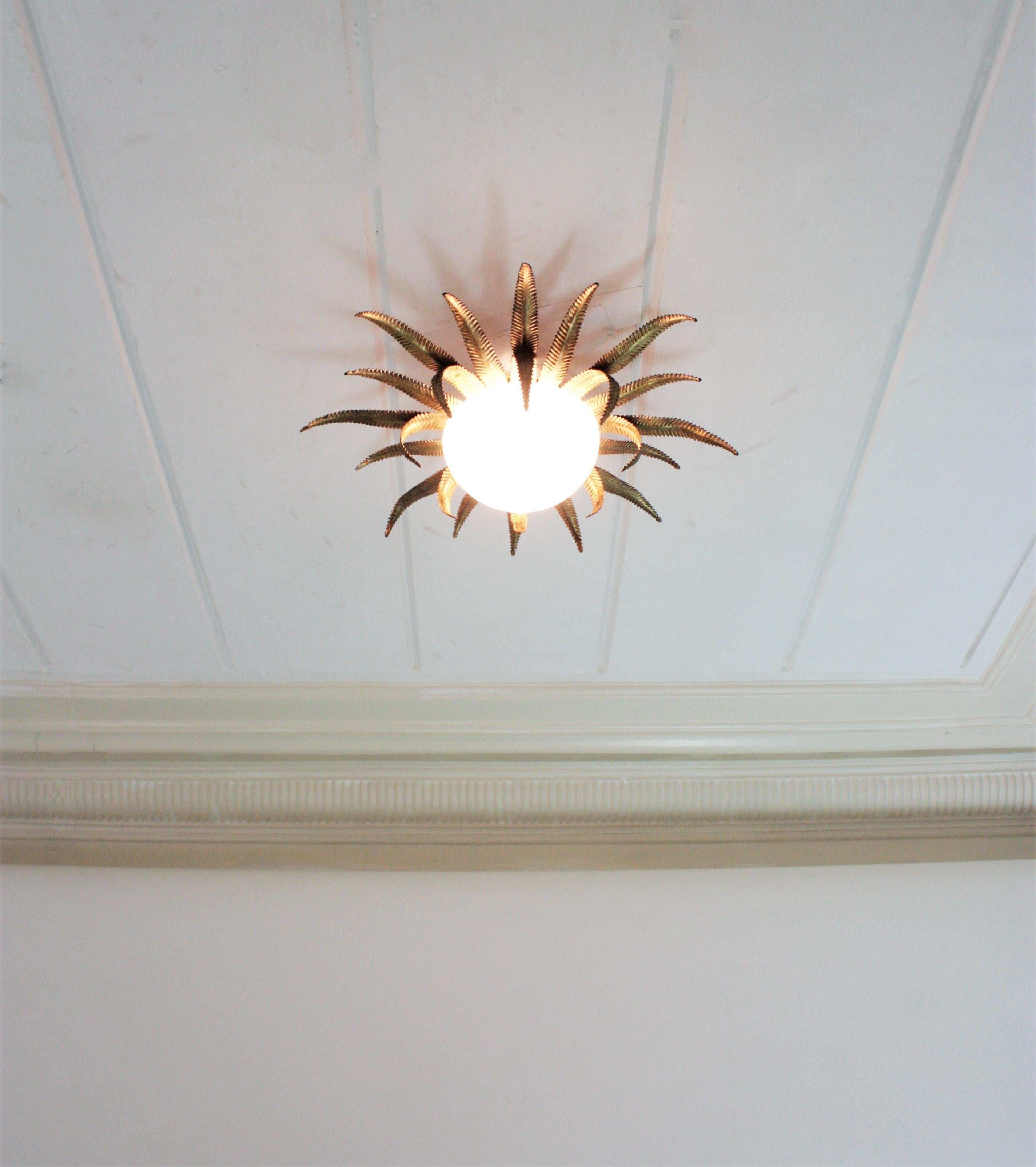 French Sunburst Starburst Light Fixture, Gilt Metal and Milk Glass 10