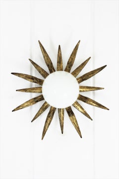 French Sunburst Starburst Light Fixture, Gilt Metal and Milk Glass