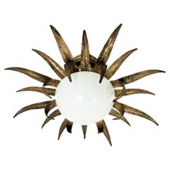 French Sunburst Starburst Light Fixture, Gilt Metal and Milk Glass