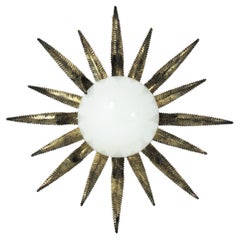 French Sunburst Starburst Light Fixture, Gilt Metal and Milk Glass