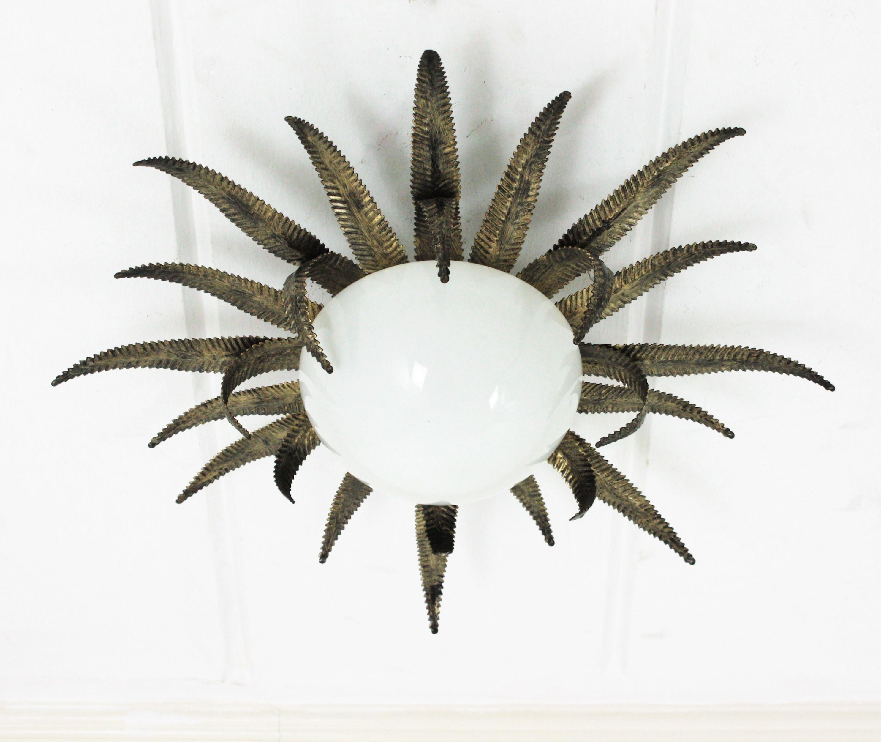 Mid-Century Modern French Sunburst Starburst Light Fixture, Gilt Metal and Milk Glass