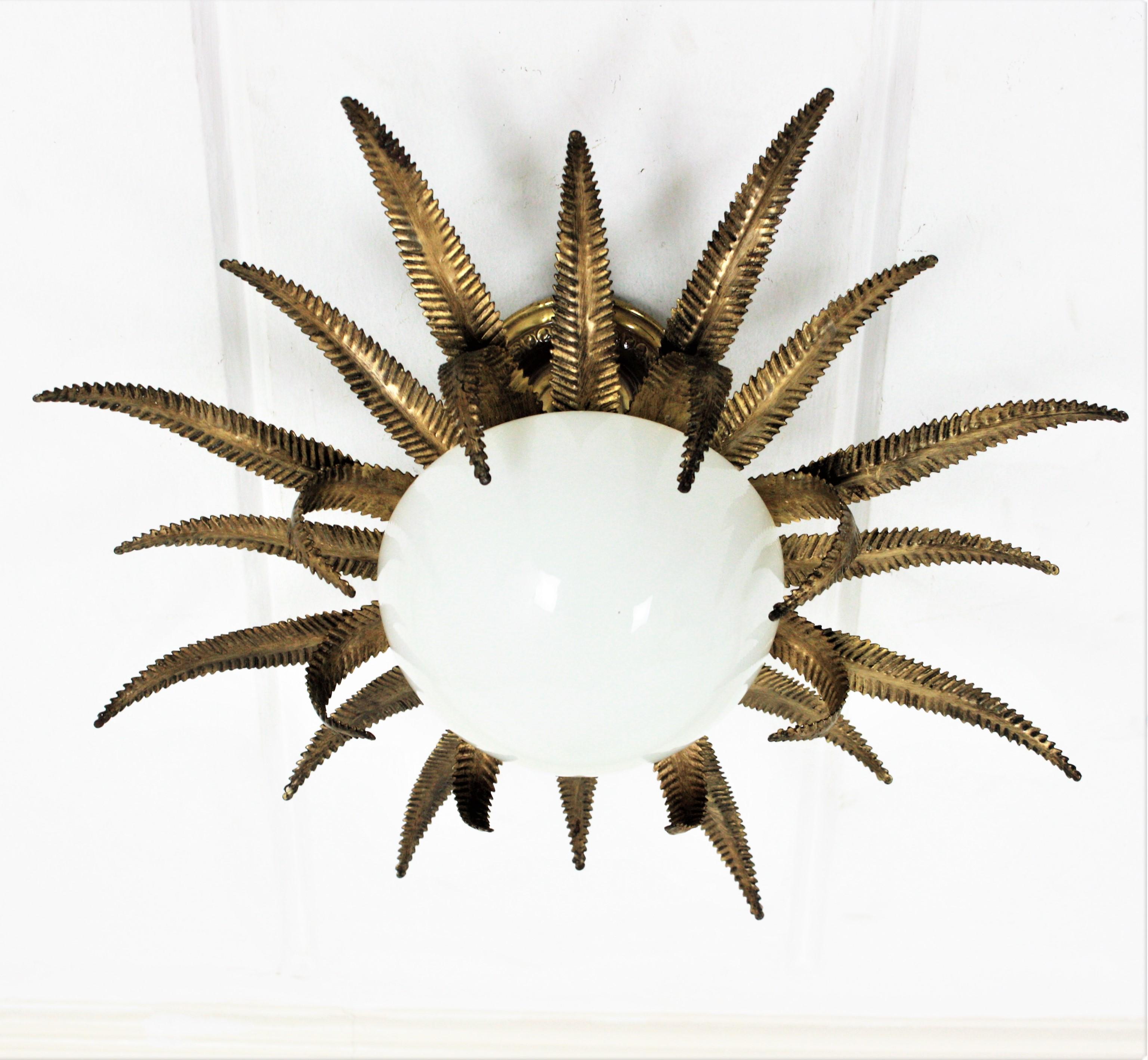 Mid-Century Modern French Sunburst Starburst Light Fixture, Gilt Metal and Milk Glass 