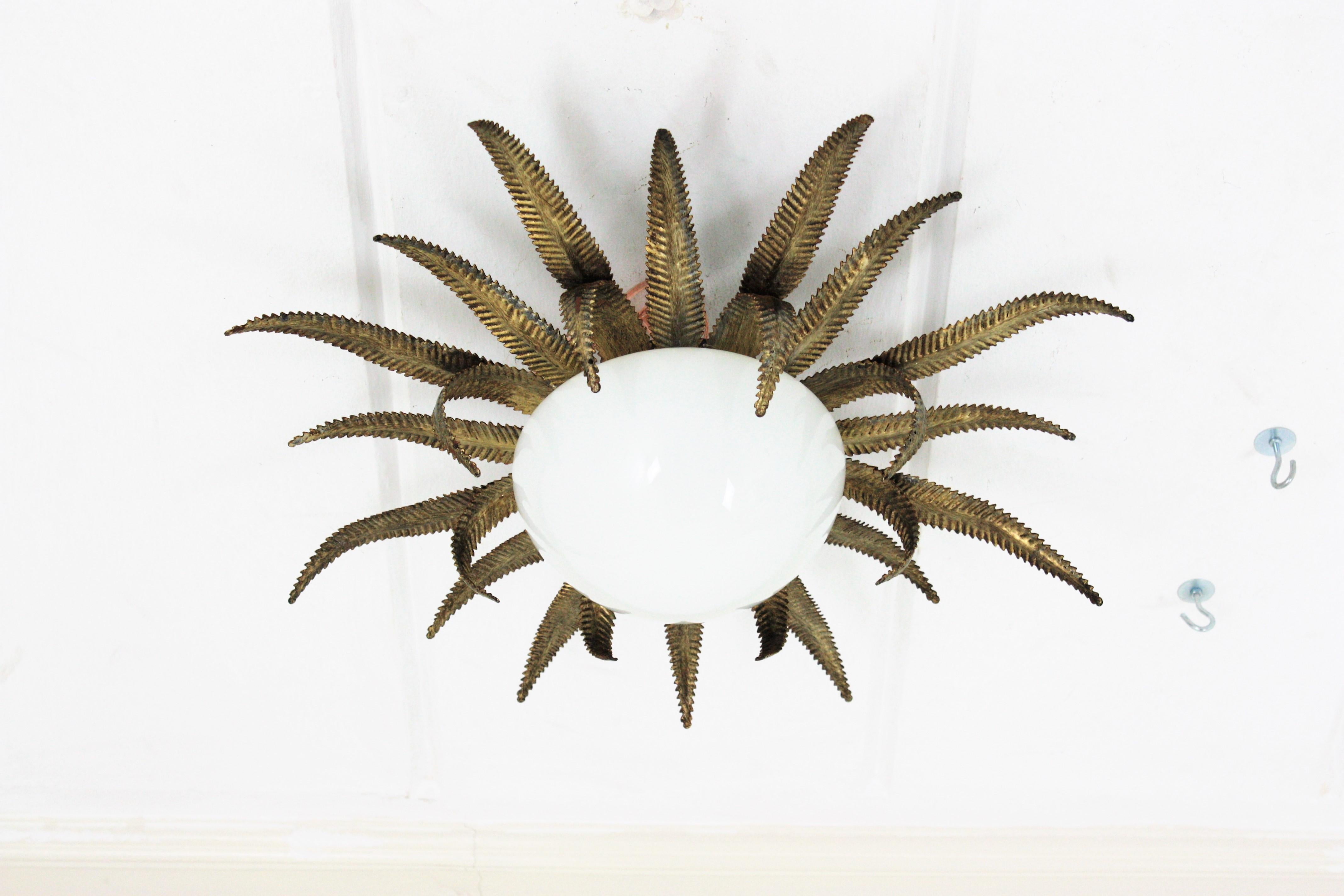 20th Century French Sunburst Starburst Light Fixture, Gilt Metal and Milk Glass