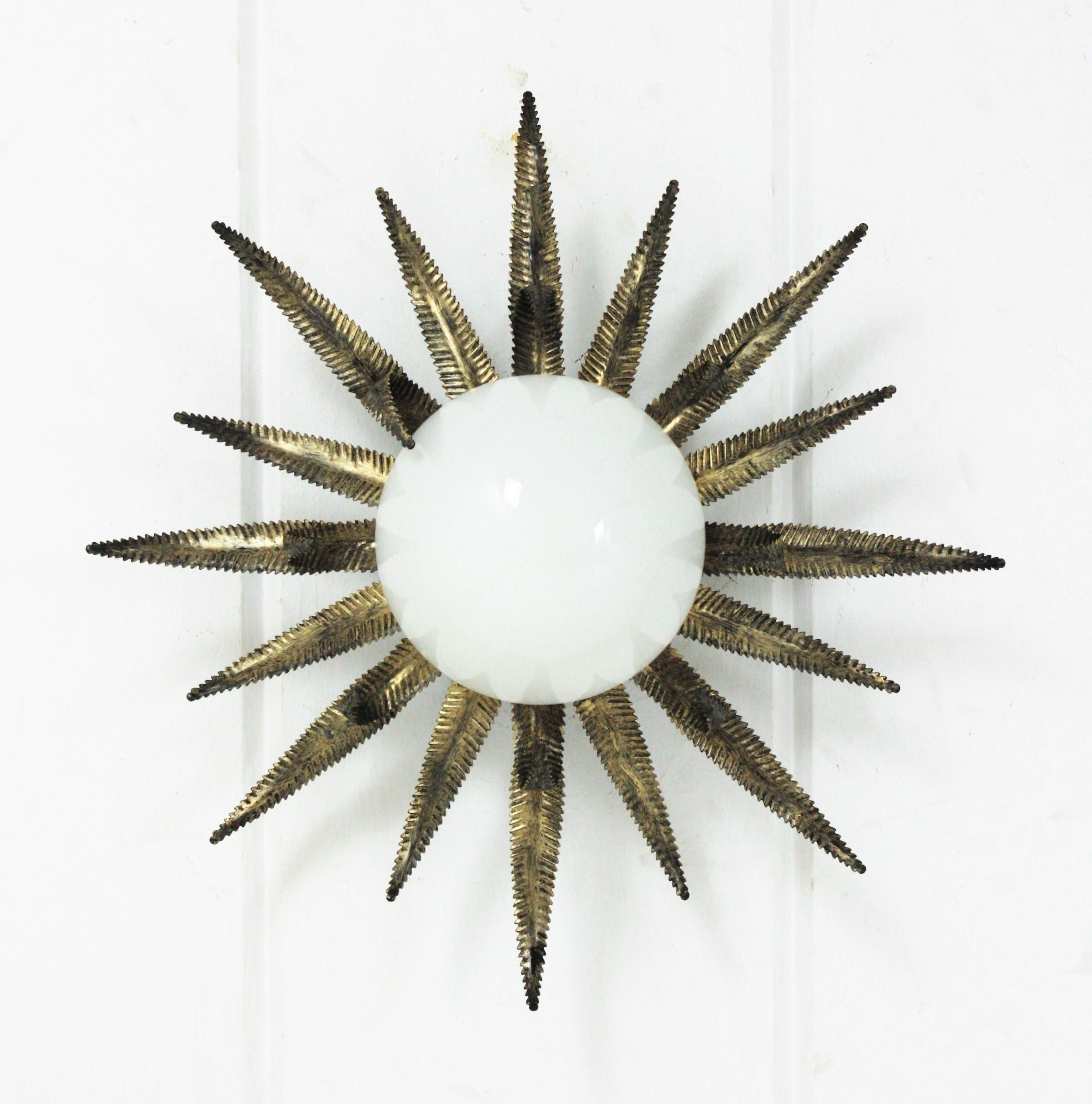 20th Century French Sunburst Starburst Light Fixture, Gilt Metal and Milk Glass