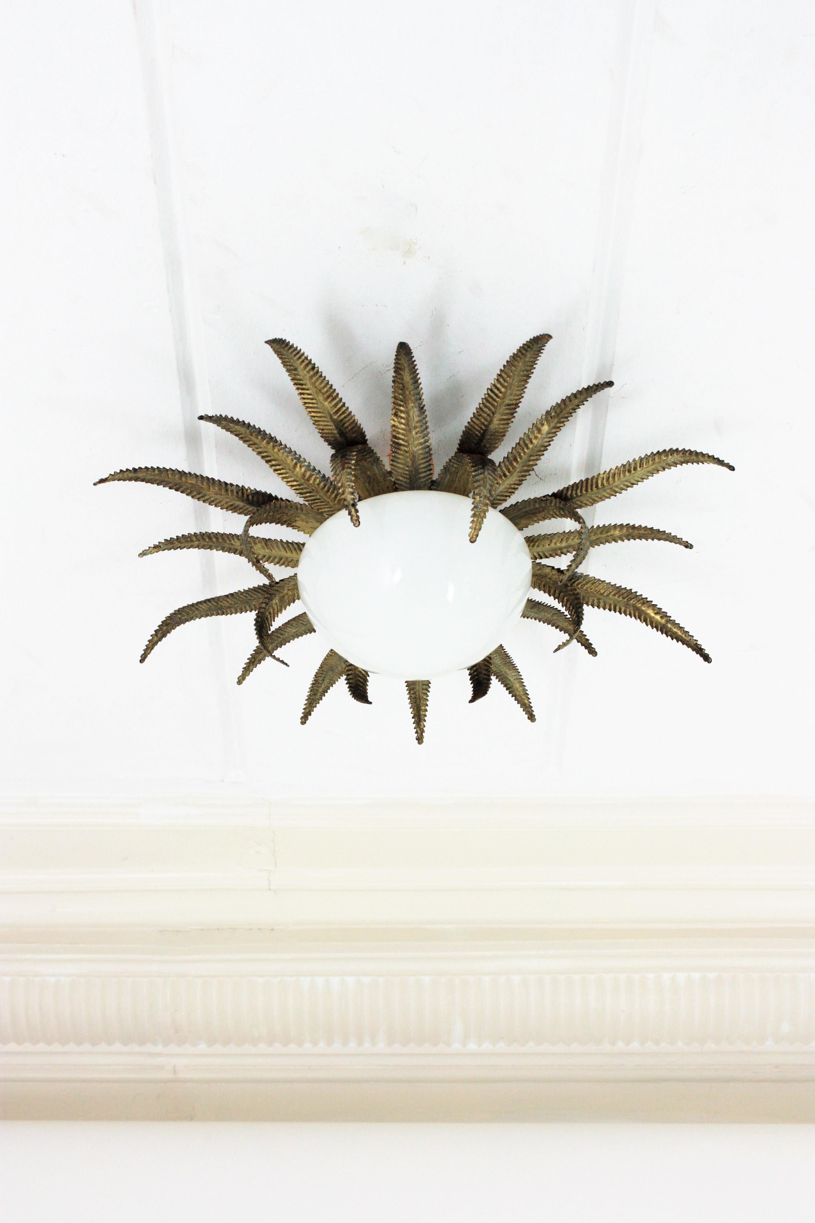 French Sunburst Starburst Light Fixture, Gilt Metal and Milk Glass 1