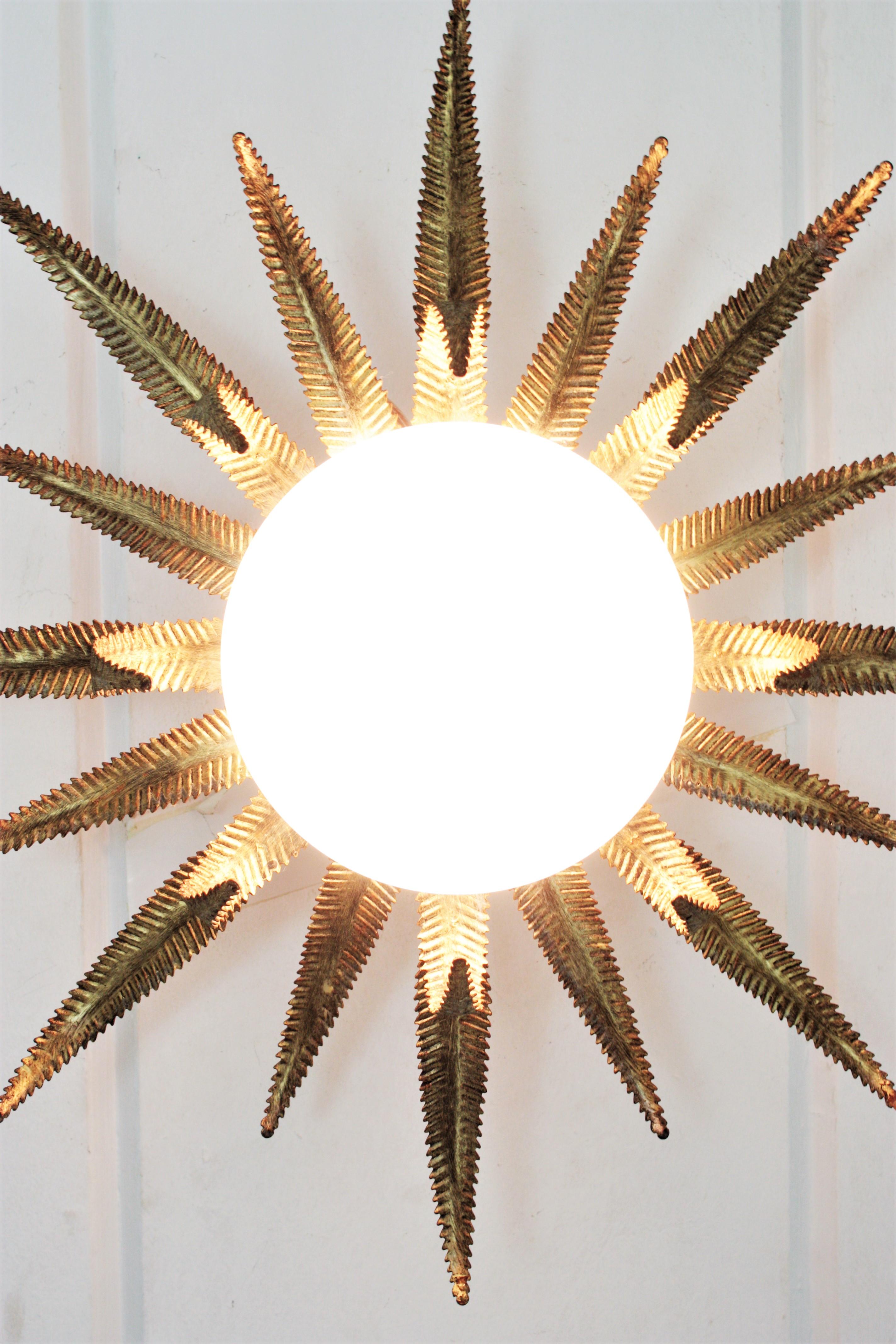 French Sunburst Starburst Light Fixture, Gilt Metal and Milk Glass 2