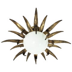 French Sunburst Starburst Light Fixture, Gilt Metal and Milk Glass