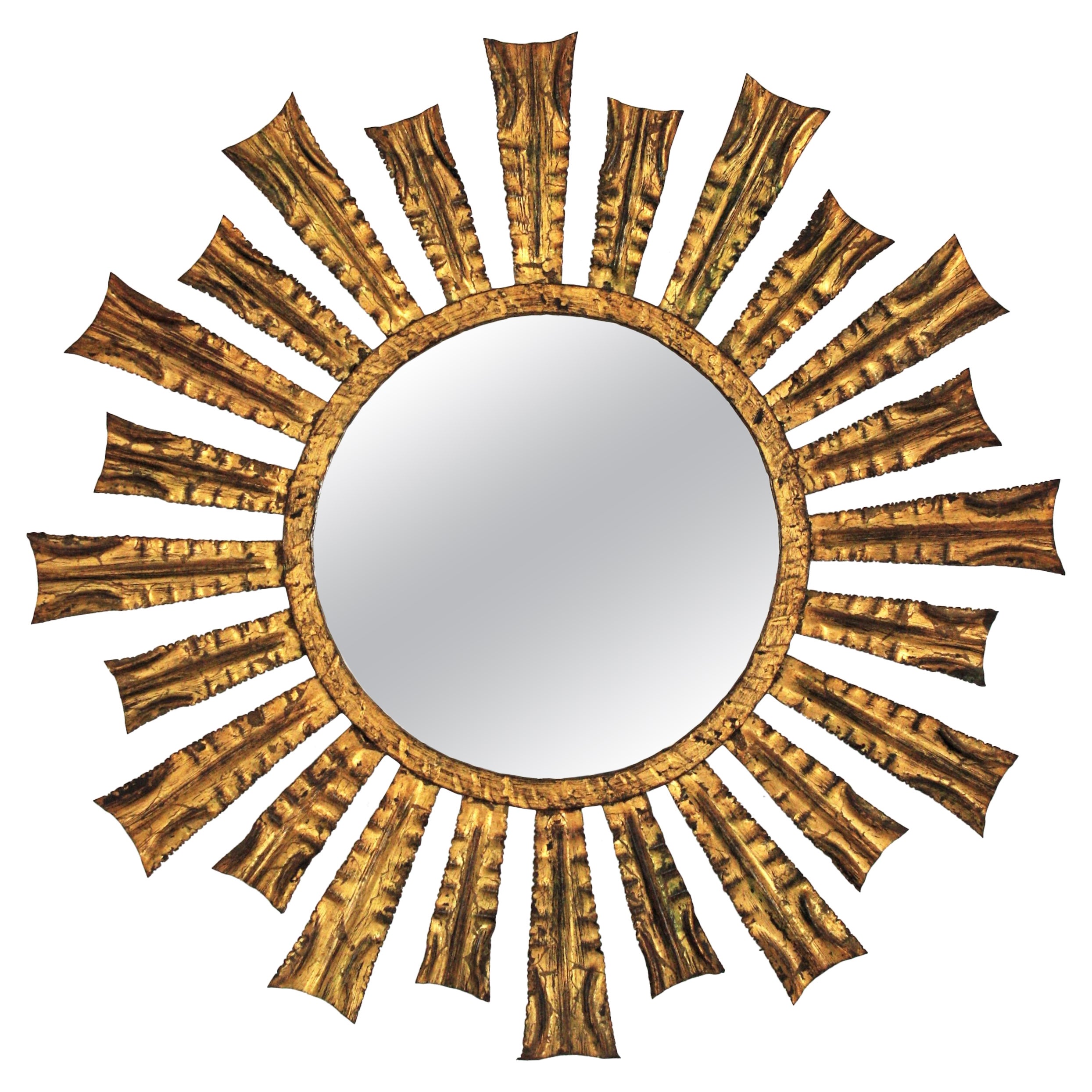 French Sunburst Starburst Mirror in Gilt Iron, 1950s