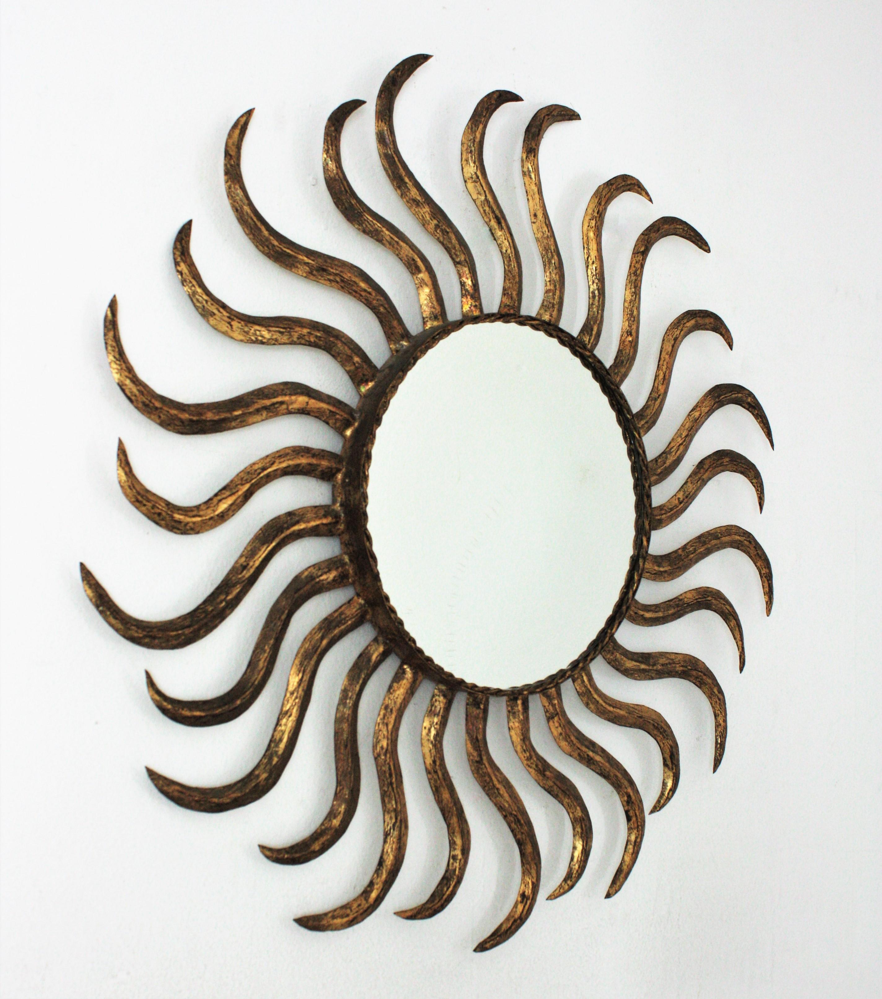 Mid-Century Modern French Sunburst Starburst Mirror in Gilt Iron, 1950s