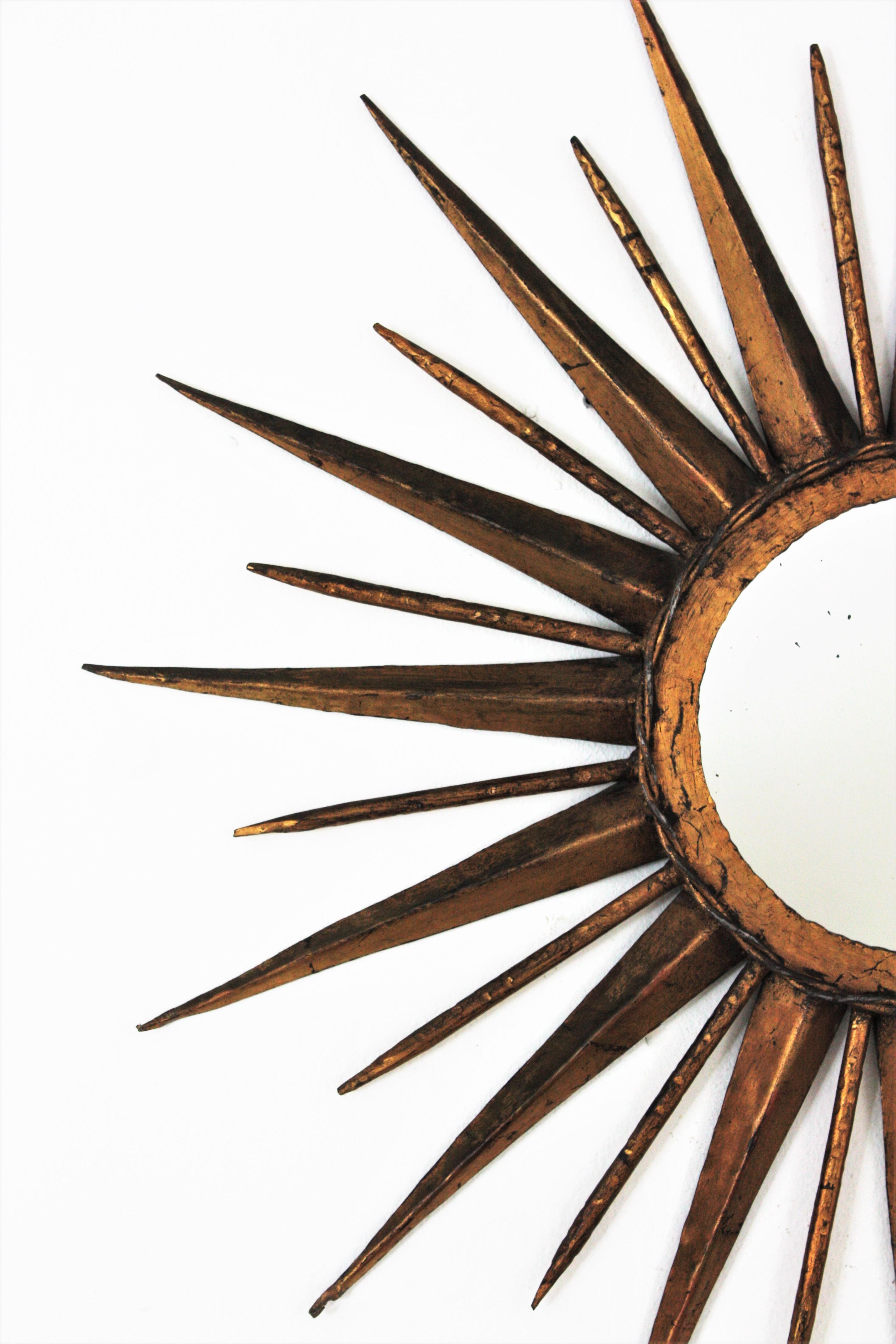 French Sunburst Starburst Mirror in Gilt Iron, Gilbert Poillerat Style 1