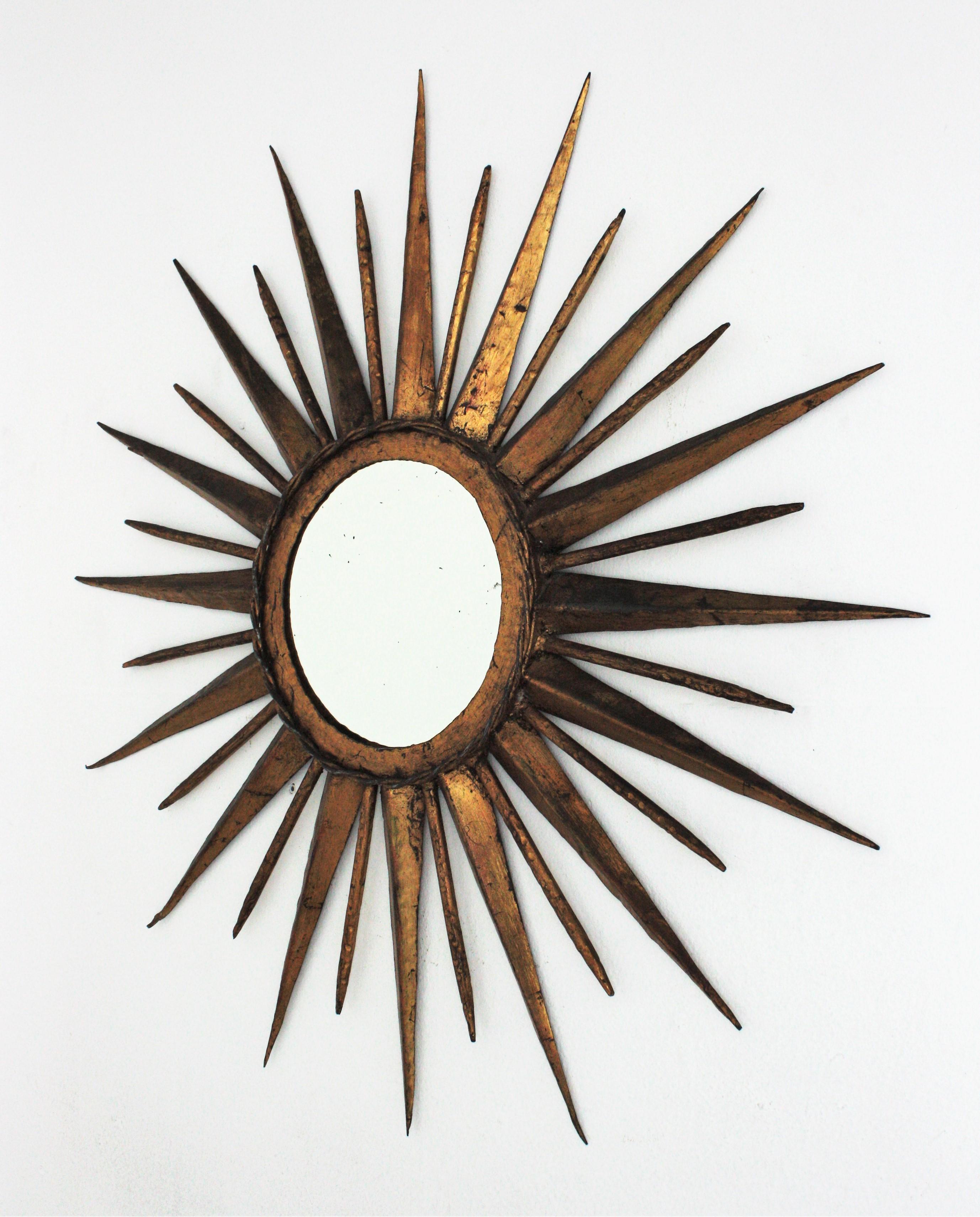 French Sunburst Starburst Mirror in Gilt Iron, Gilbert Poillerat Style 2