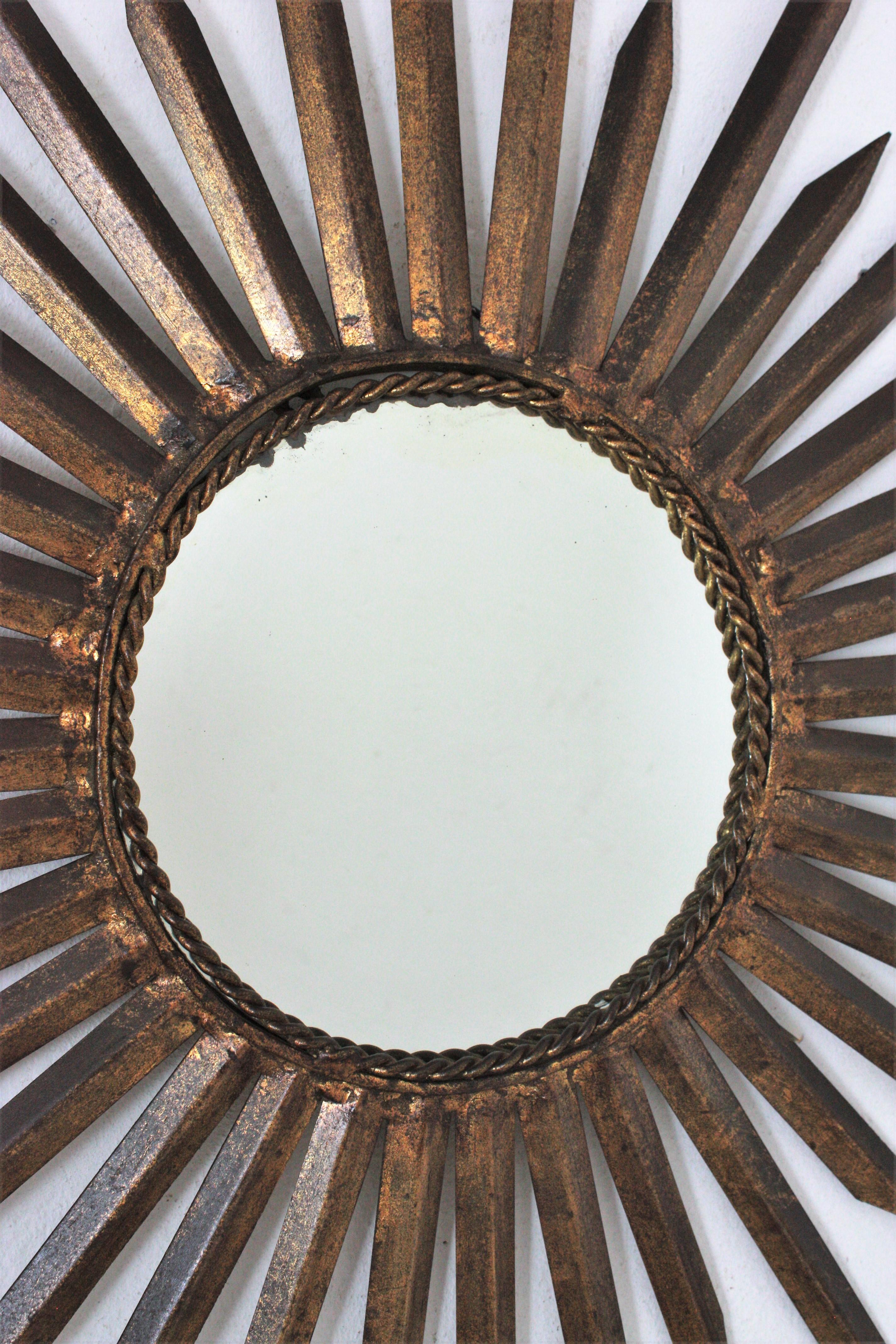 French Sunburst Starburst Mirror in Gilt Iron, Gilbert Poillerat Style For Sale 6