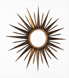 French Sunburst Starburst Mirror in Gilt Iron, Gilbert Poillerat Style