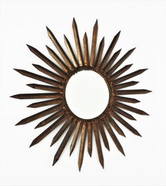 French Sunburst Starburst Mirror in Gilt Iron, Gilbert Poillerat Style