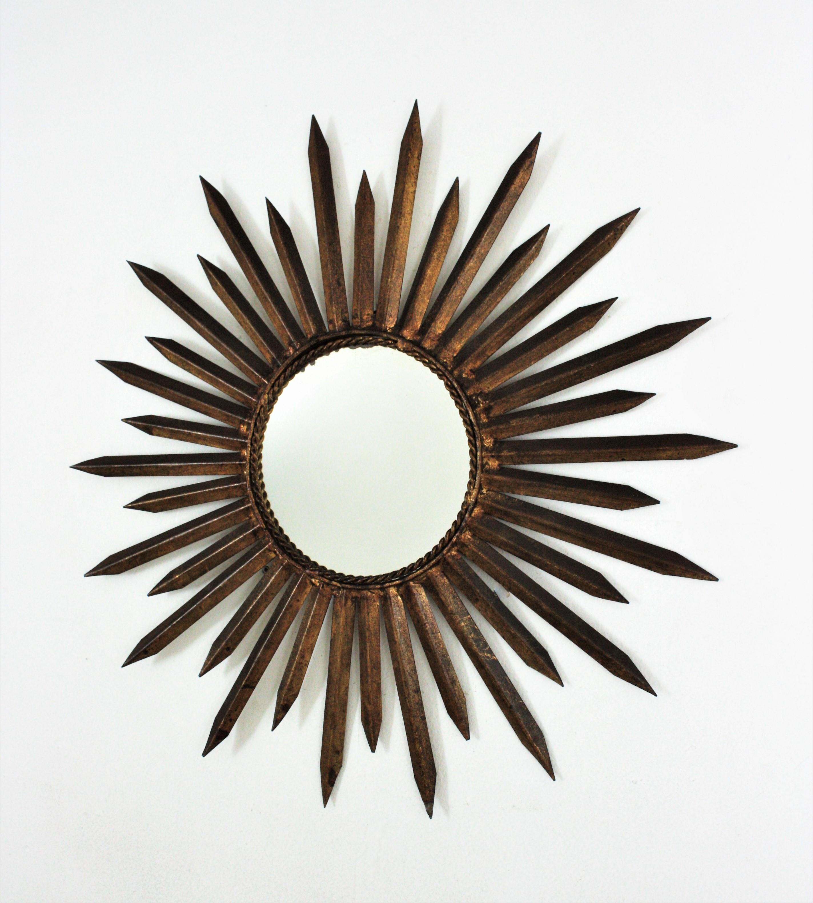 French Sunburst Starburst Mirror in Gilt Iron, Gilbert Poillerat Style For Sale 2
