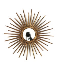 French Sunburst Starburst Mirror in Gilt Iron in the Style of Gilbert Poillerat