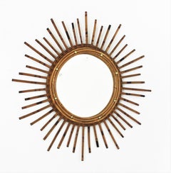 French Sunburst Starburst Mirror in Rattan, 1960s
