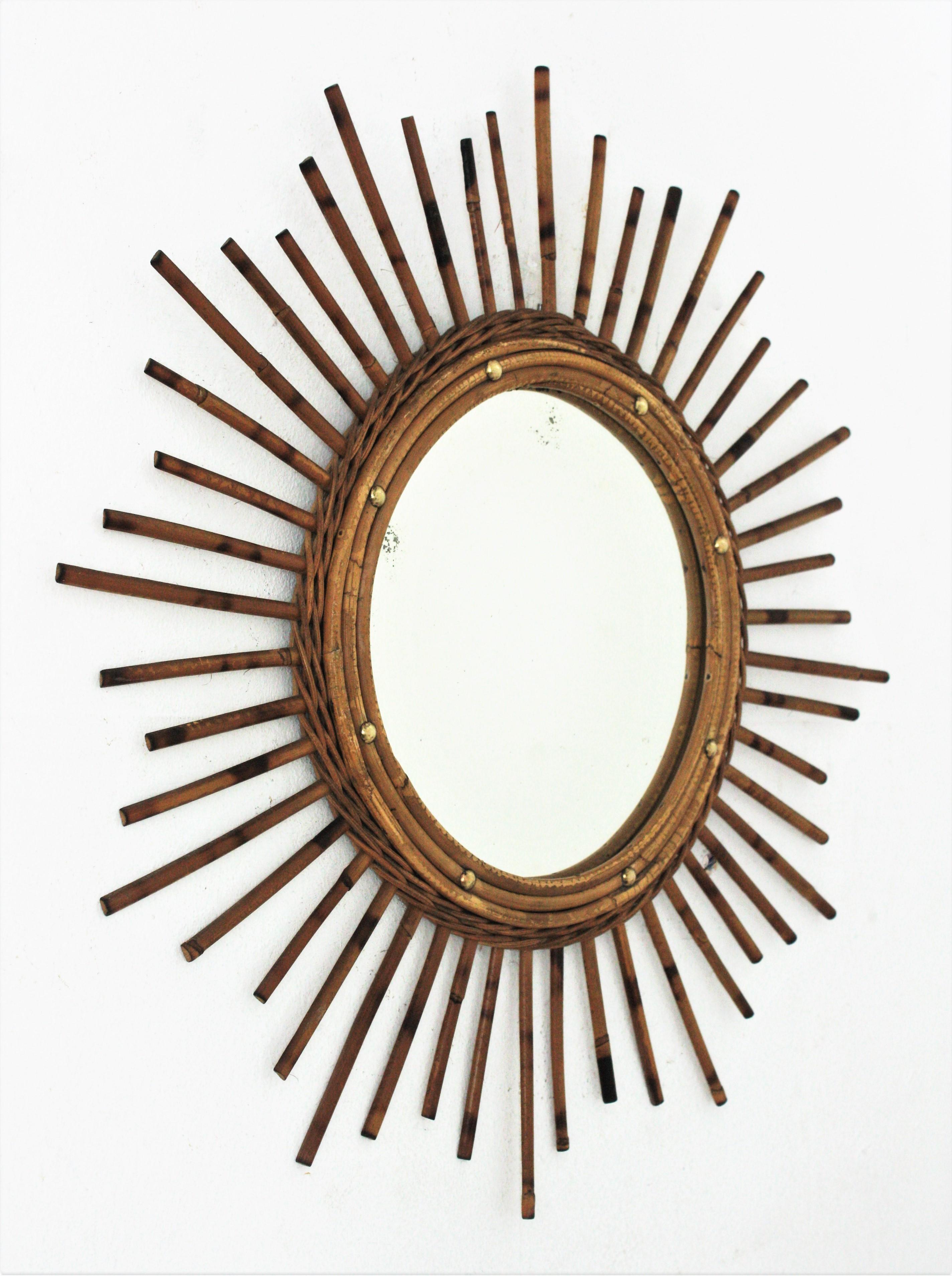 Mid-Century Modern French Sunburst Starburst Mirror in Rattan, 1960s  For Sale