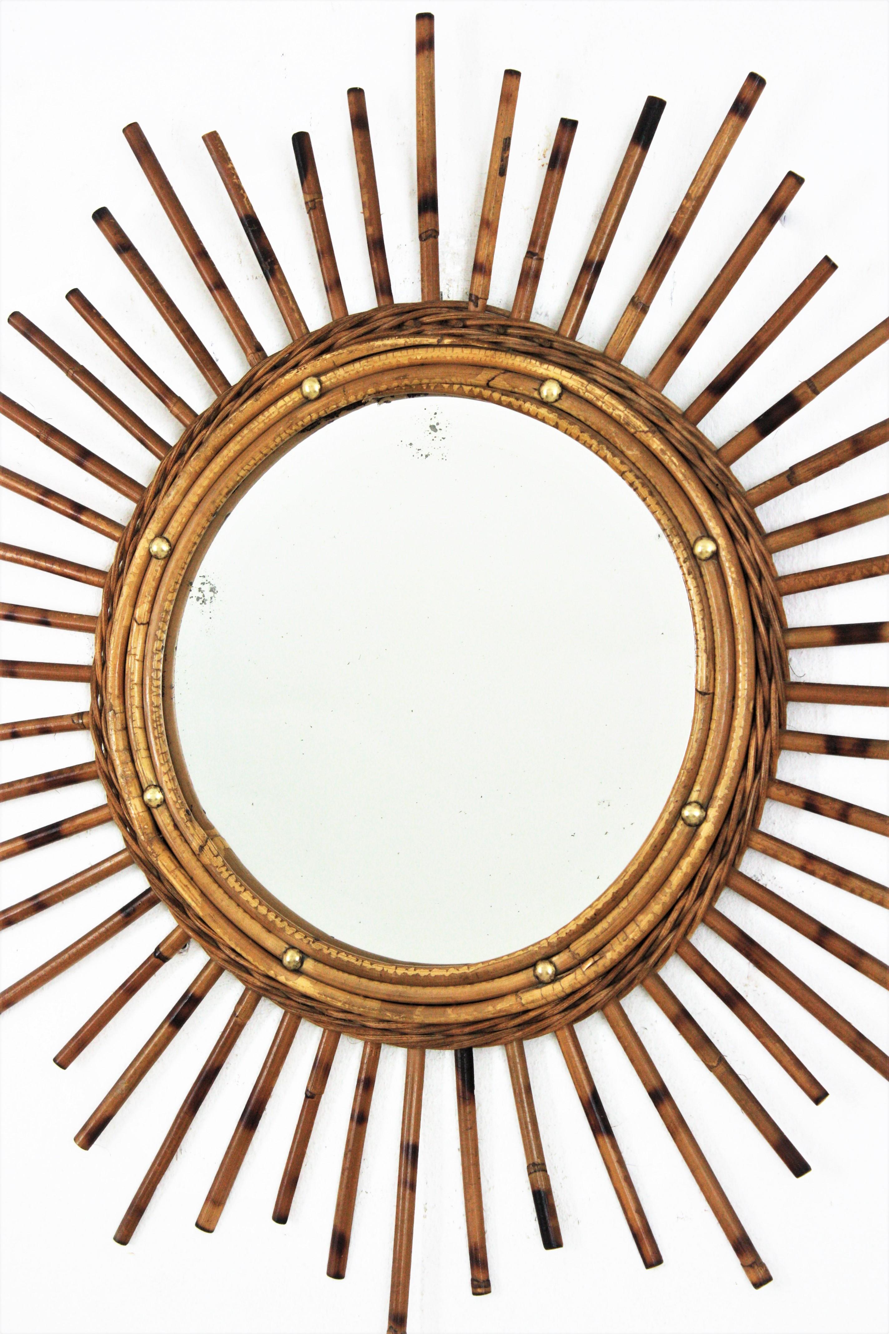 Cane French Sunburst Starburst Mirror in Rattan, 1960s  For Sale