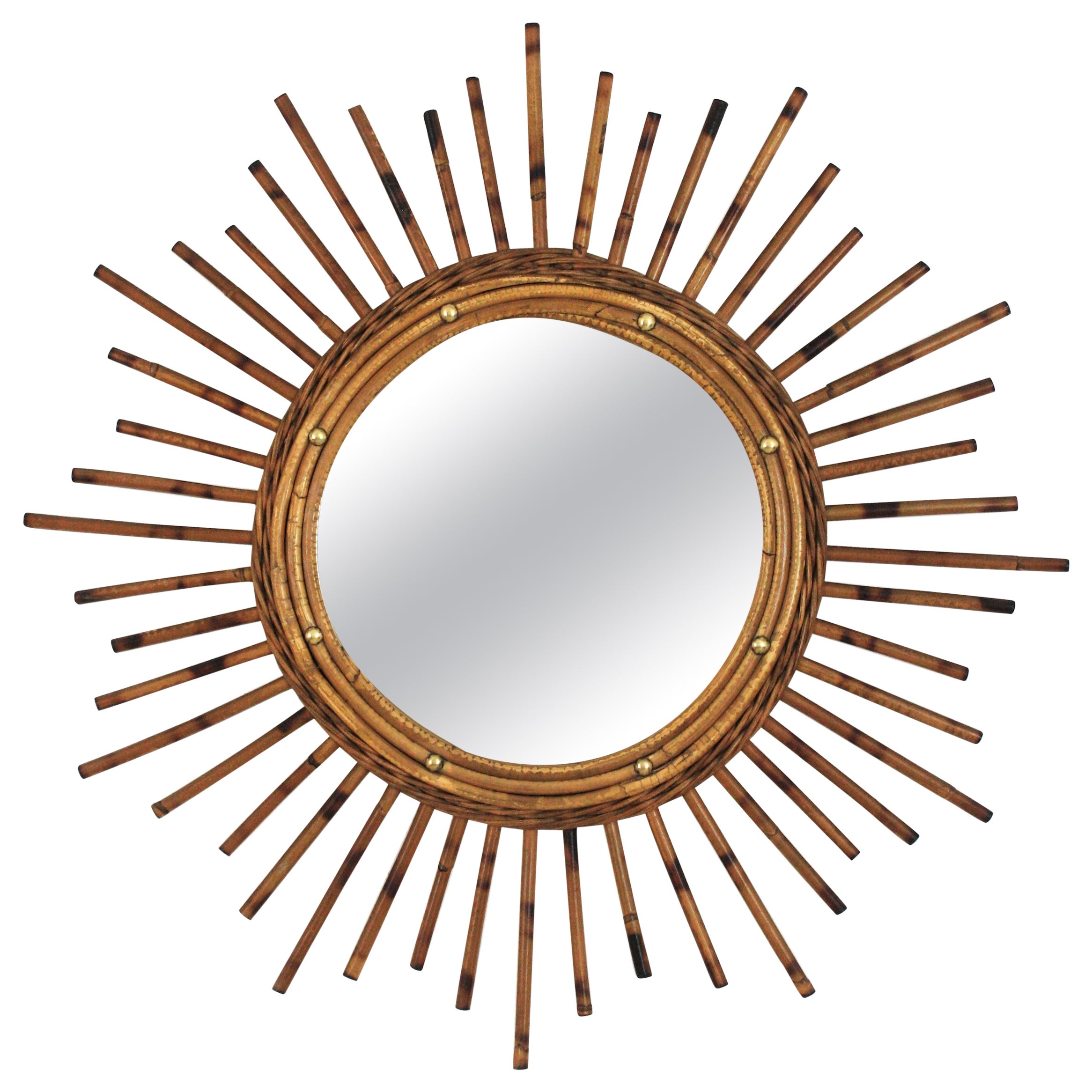 French Sunburst Starburst Mirror in Rattan, 1960s