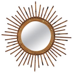 French Sunburst Starburst Mirror in Rattan, 1960s