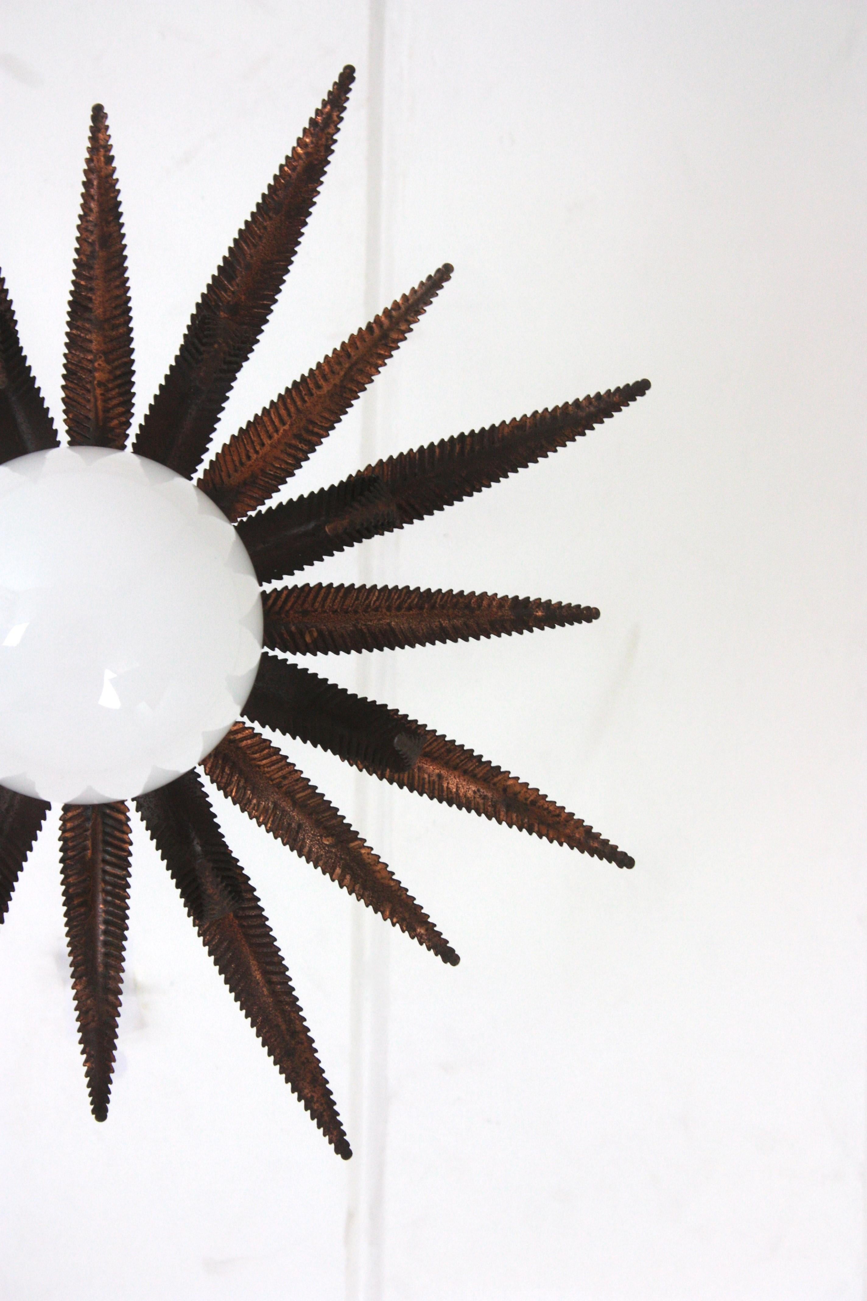 French Sunburst Starburst Pendant Light Fixture in Copper Metal and Milk Glass For Sale 4