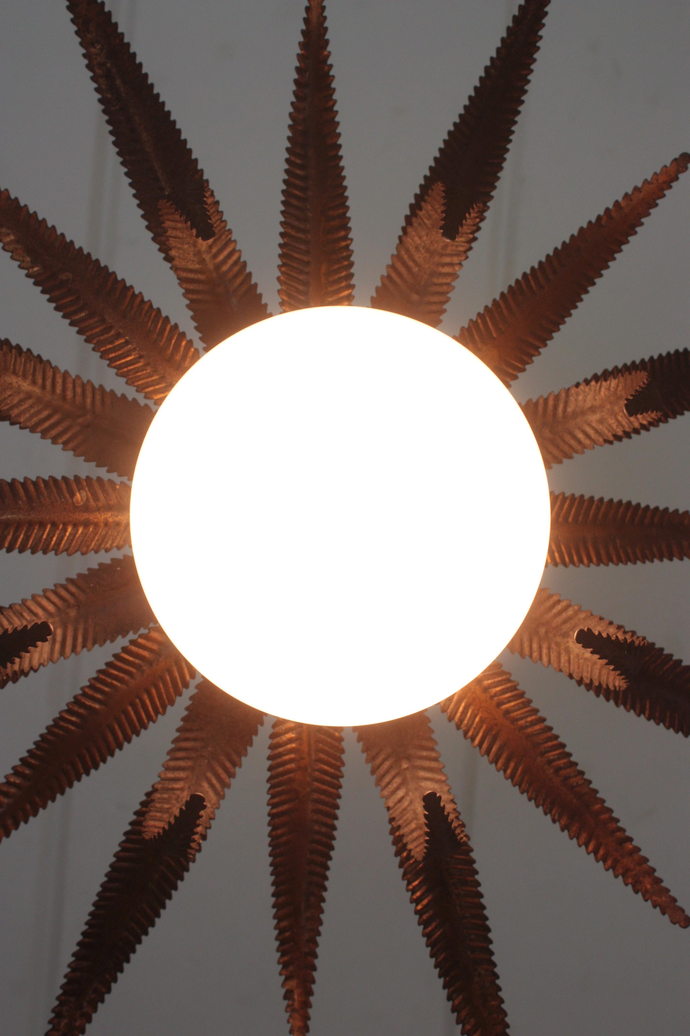 French Sunburst Starburst Pendant Light Fixture in Copper Metal and Milk Glass For Sale 5