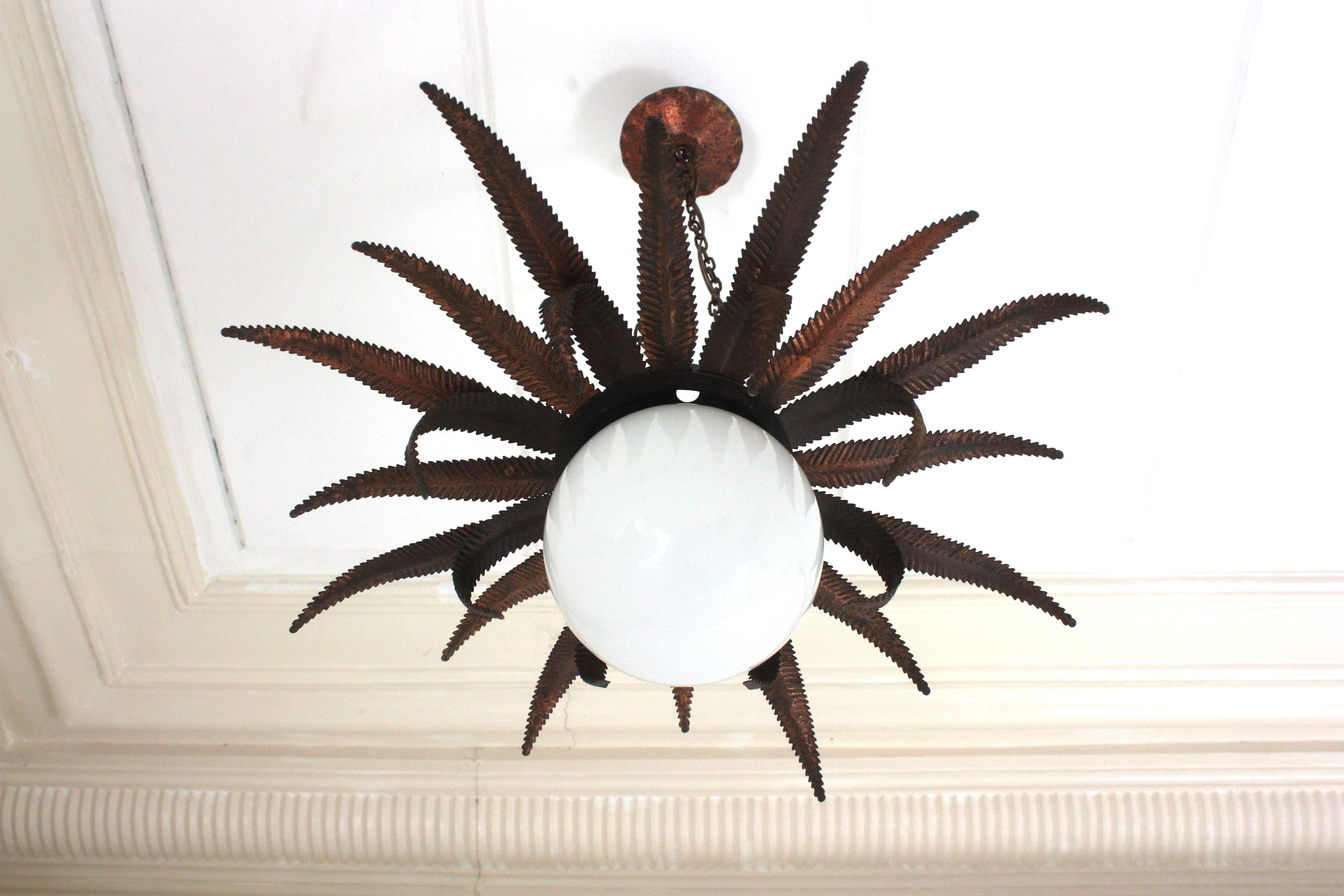 French Sunburst Starburst Pendant Light Fixture in Copper Metal and Milk Glass For Sale 6