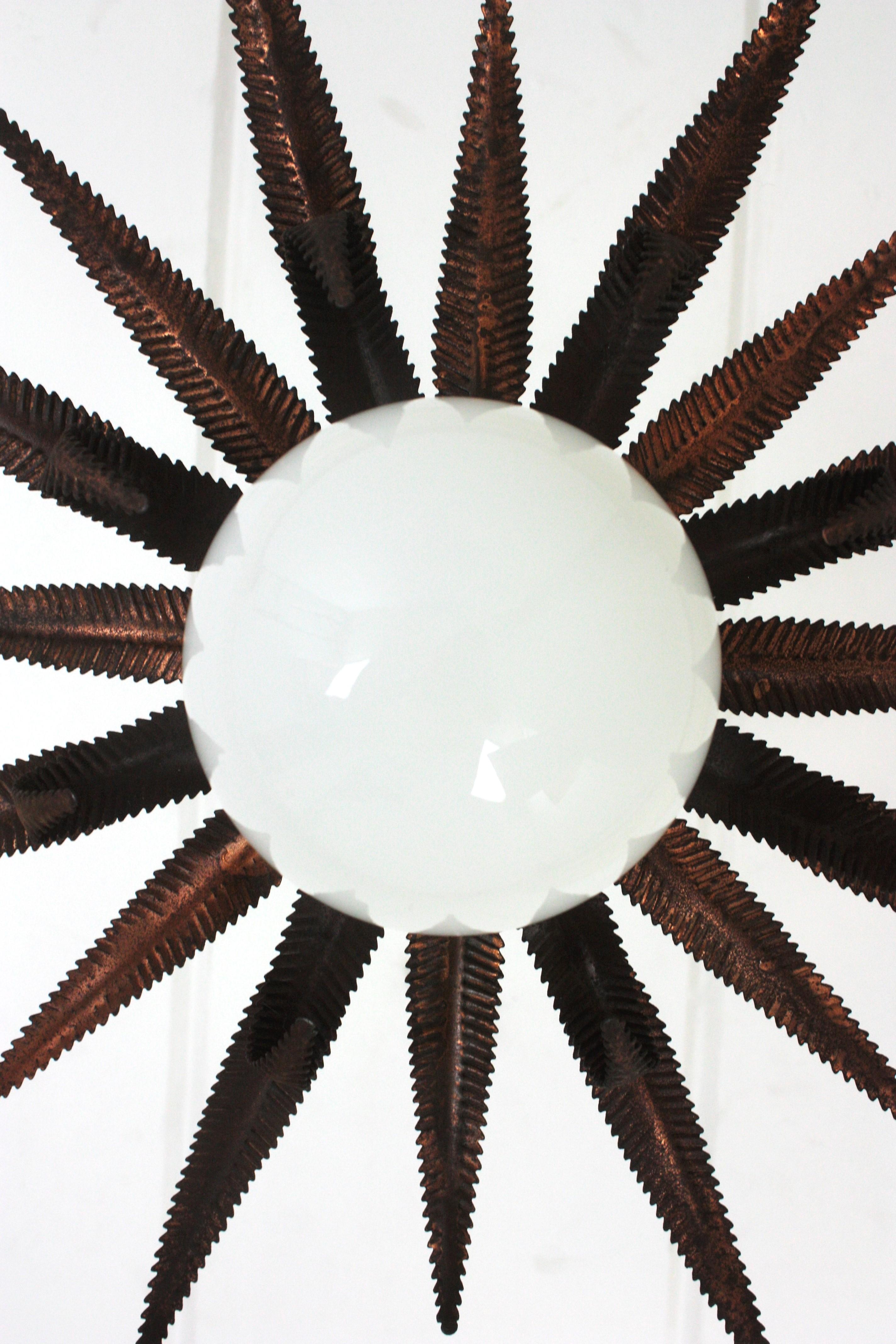 French Sunburst Starburst Pendant Light Fixture in Copper Metal and Milk Glass For Sale 7