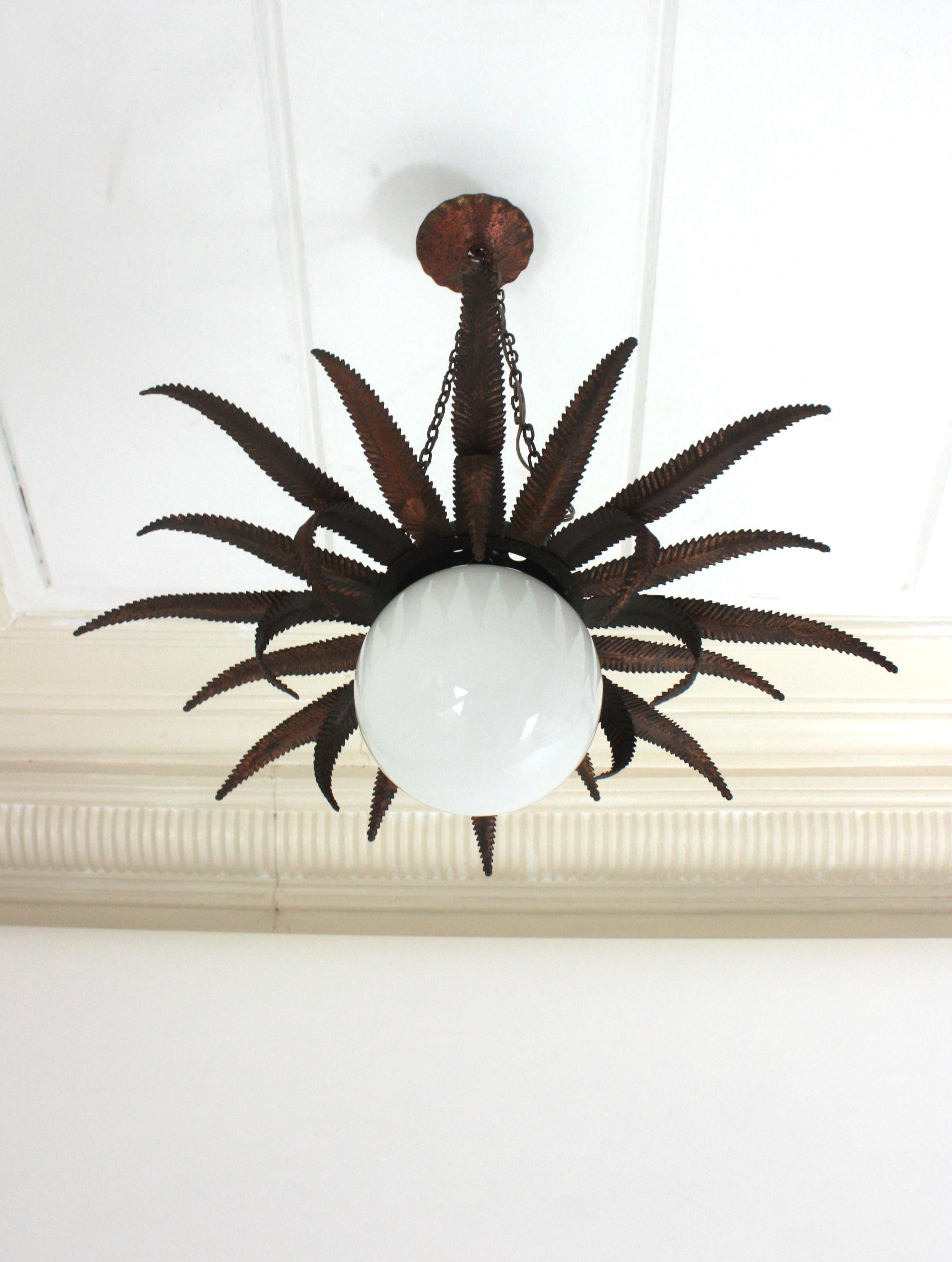 French Sunburst Starburst Pendant Light Fixture in Copper Metal and Milk Glass For Sale 8