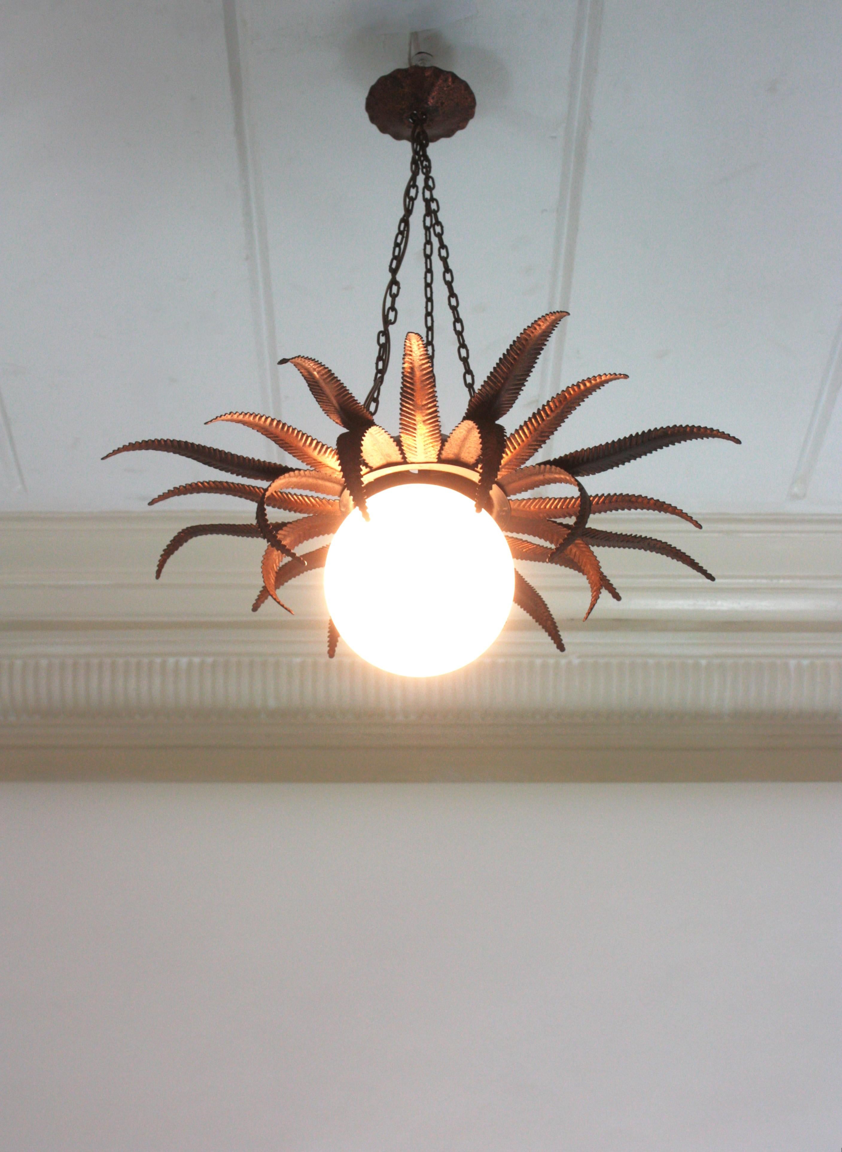 French Sunburst Starburst Pendant Light Fixture in Copper Metal and Milk Glass For Sale 9