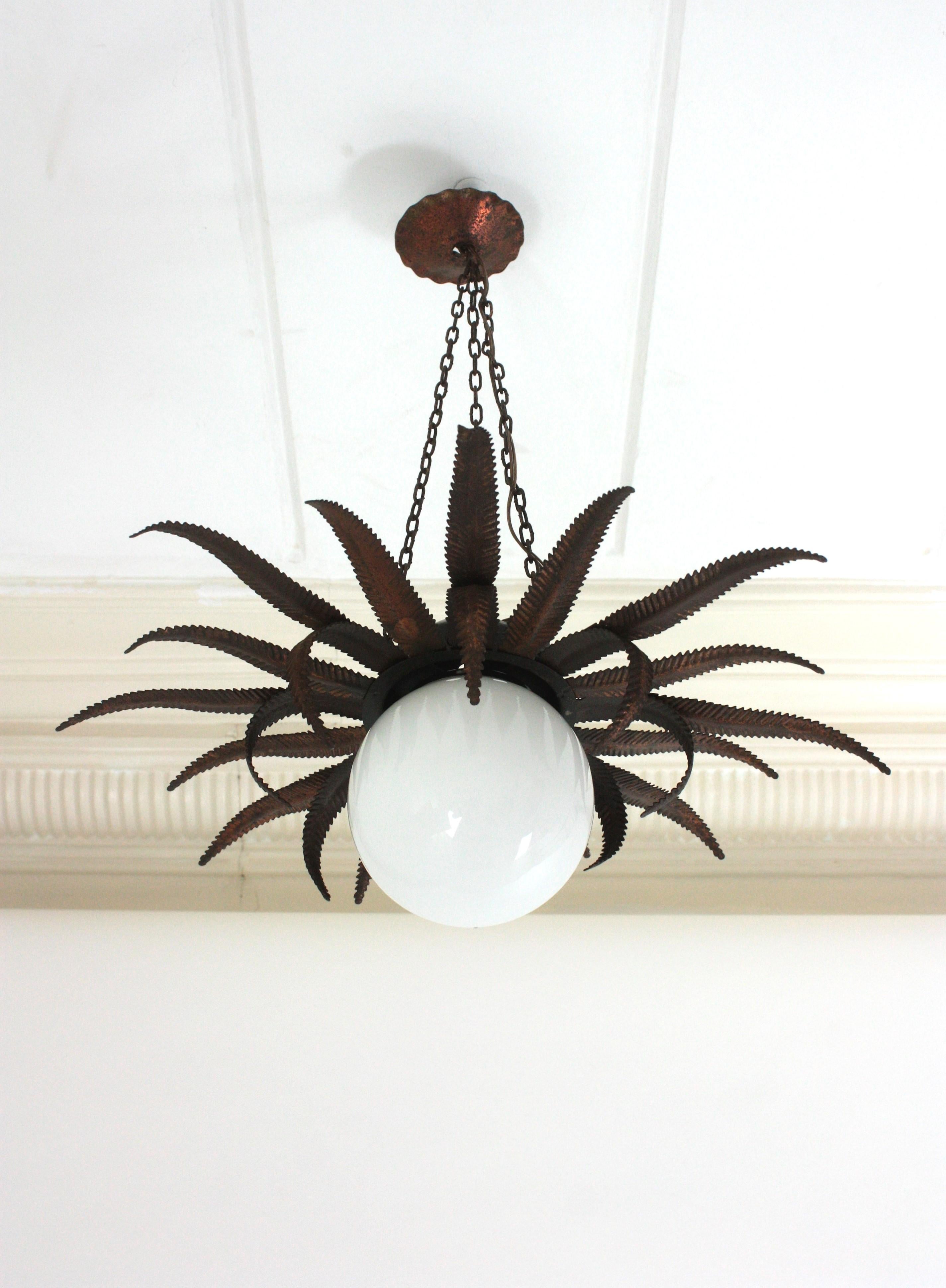 French Sunburst Starburst Pendant Light Fixture in Copper Metal and Milk Glass For Sale 10