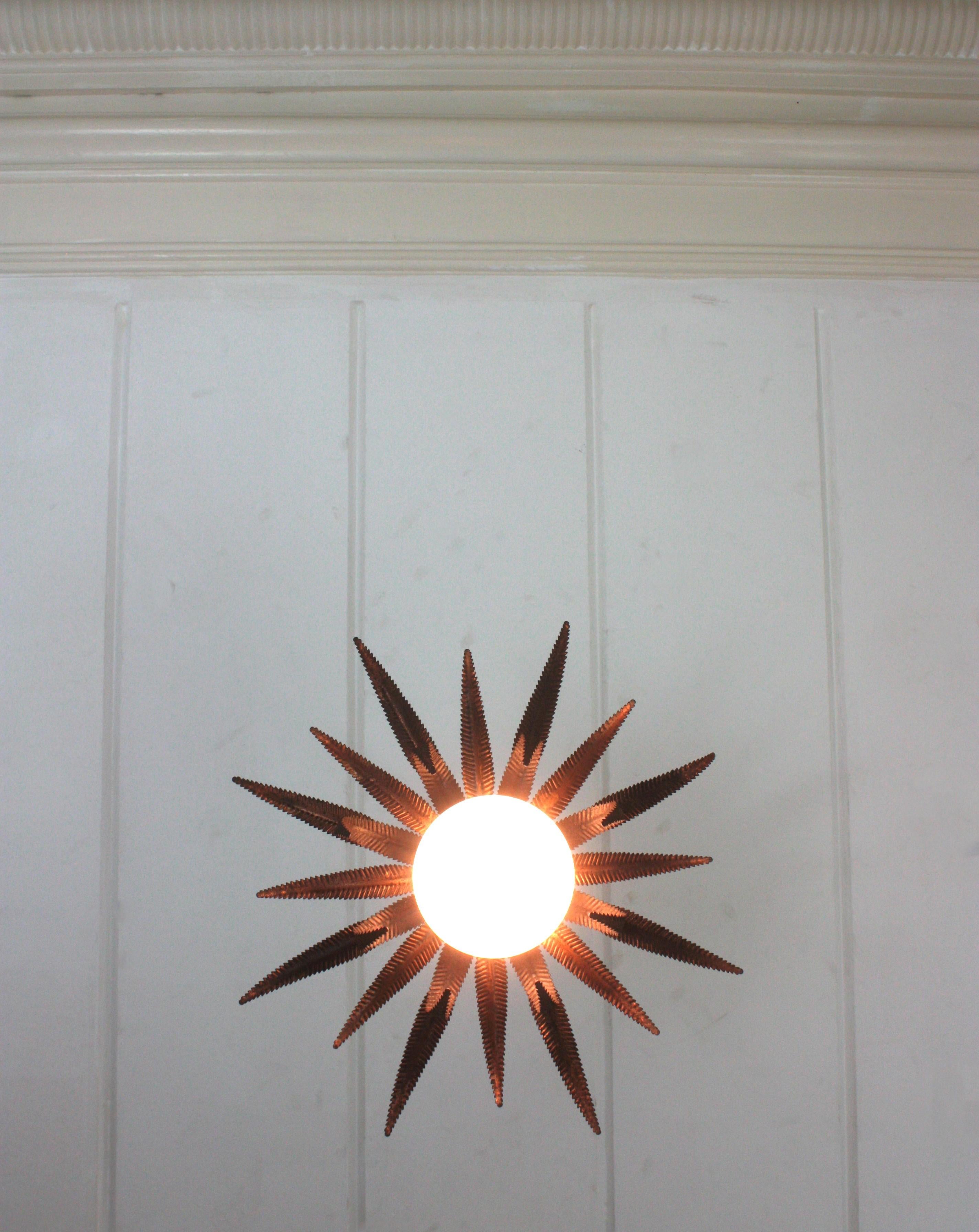 French Sunburst Starburst Pendant Light Fixture in Copper Metal and Milk Glass For Sale 11