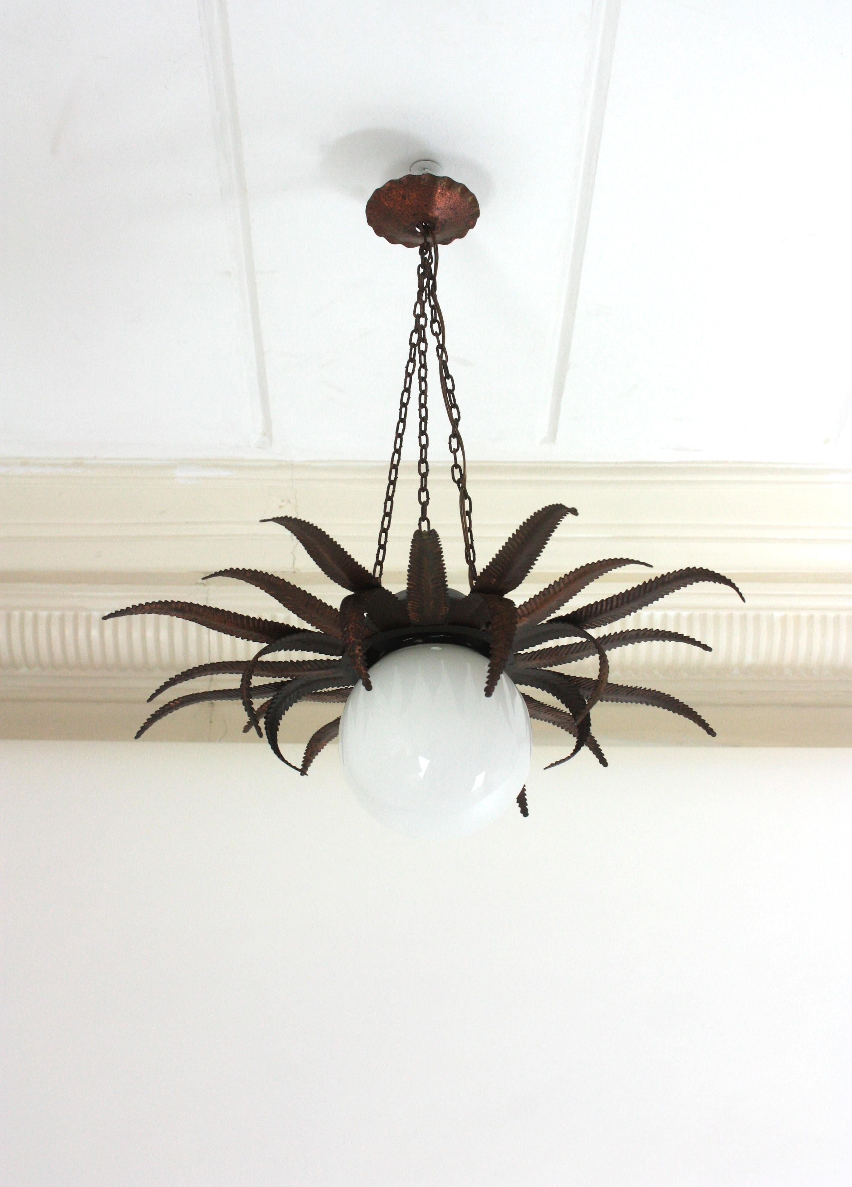 French Sunburst Starburst Pendant Light Fixture in Copper Metal and Milk Glass For Sale 12