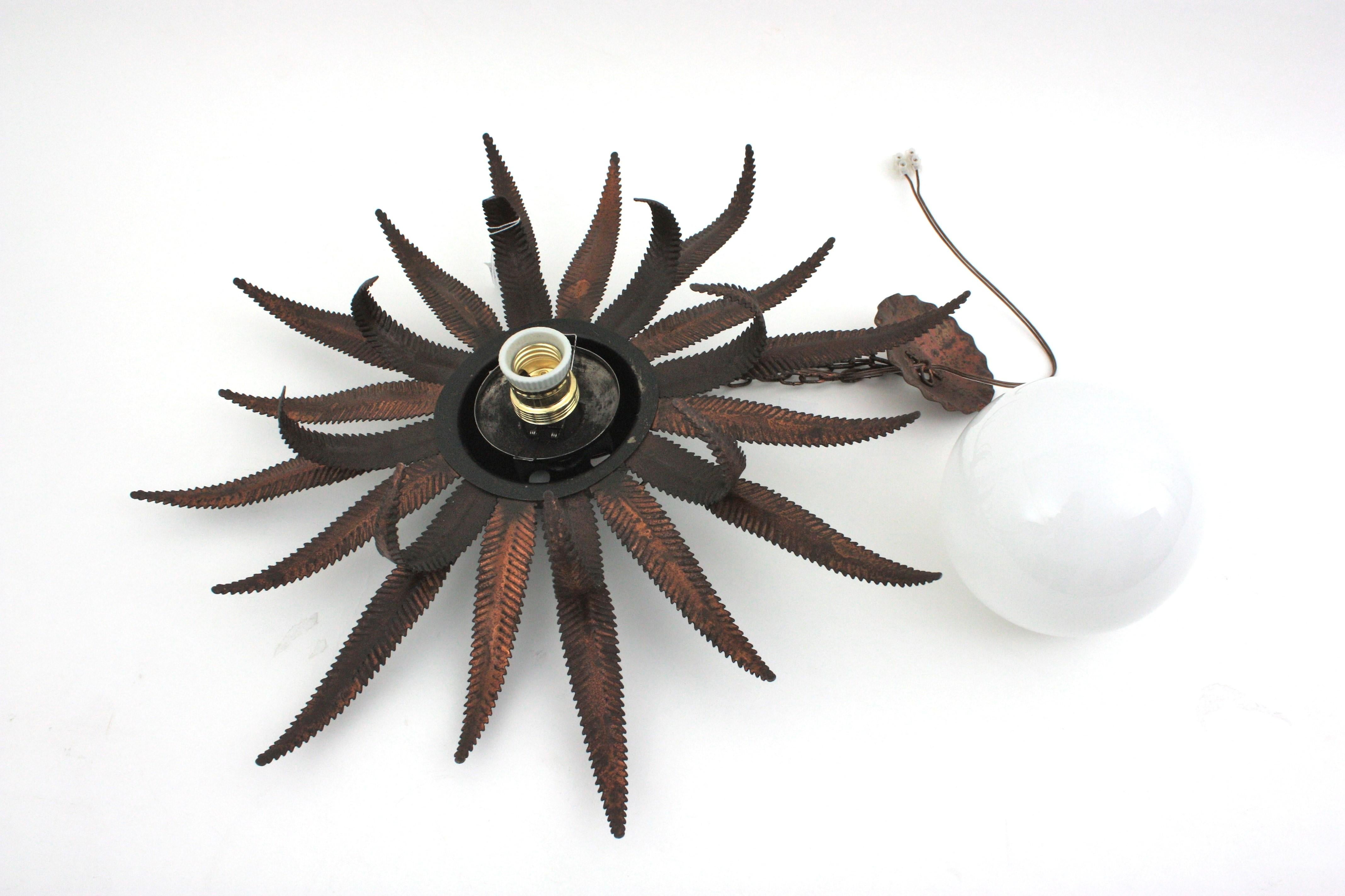 French Sunburst Starburst Pendant Light Fixture in Copper Metal and Milk Glass For Sale 14