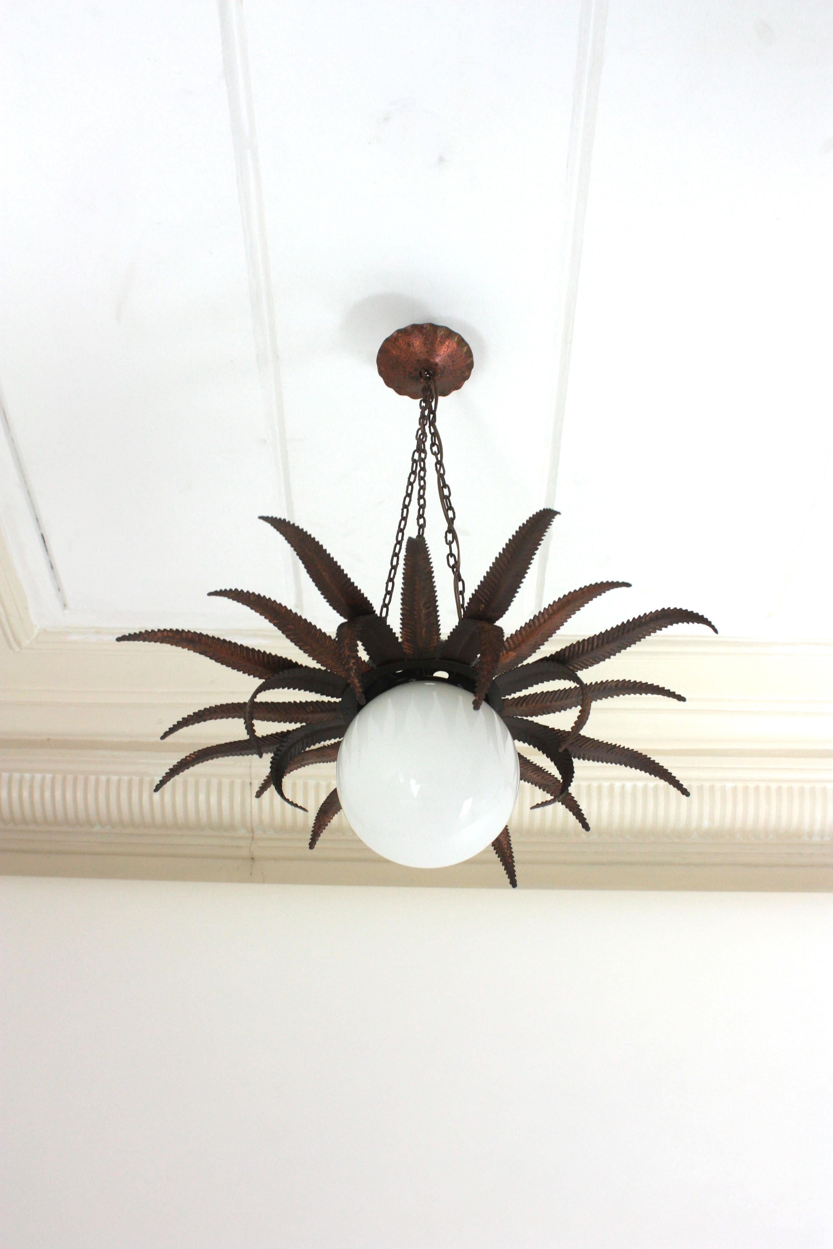 Mid-Century Modern French Sunburst Starburst Pendant Light Fixture in Copper Metal and Milk Glass For Sale