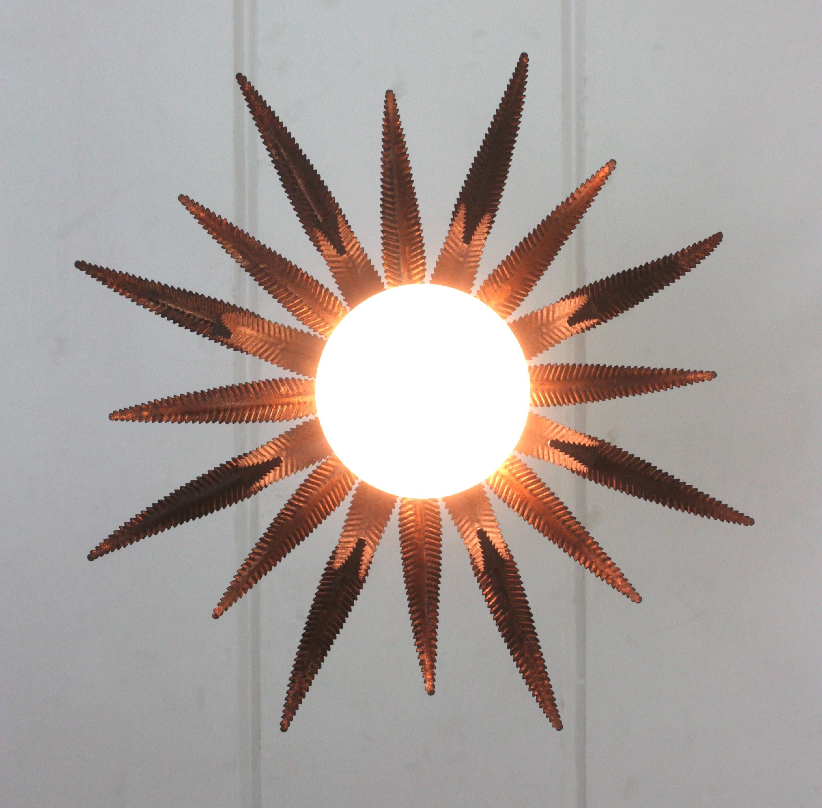 French Sunburst Starburst Pendant Light Fixture in Copper Metal and Milk Glass For Sale 1