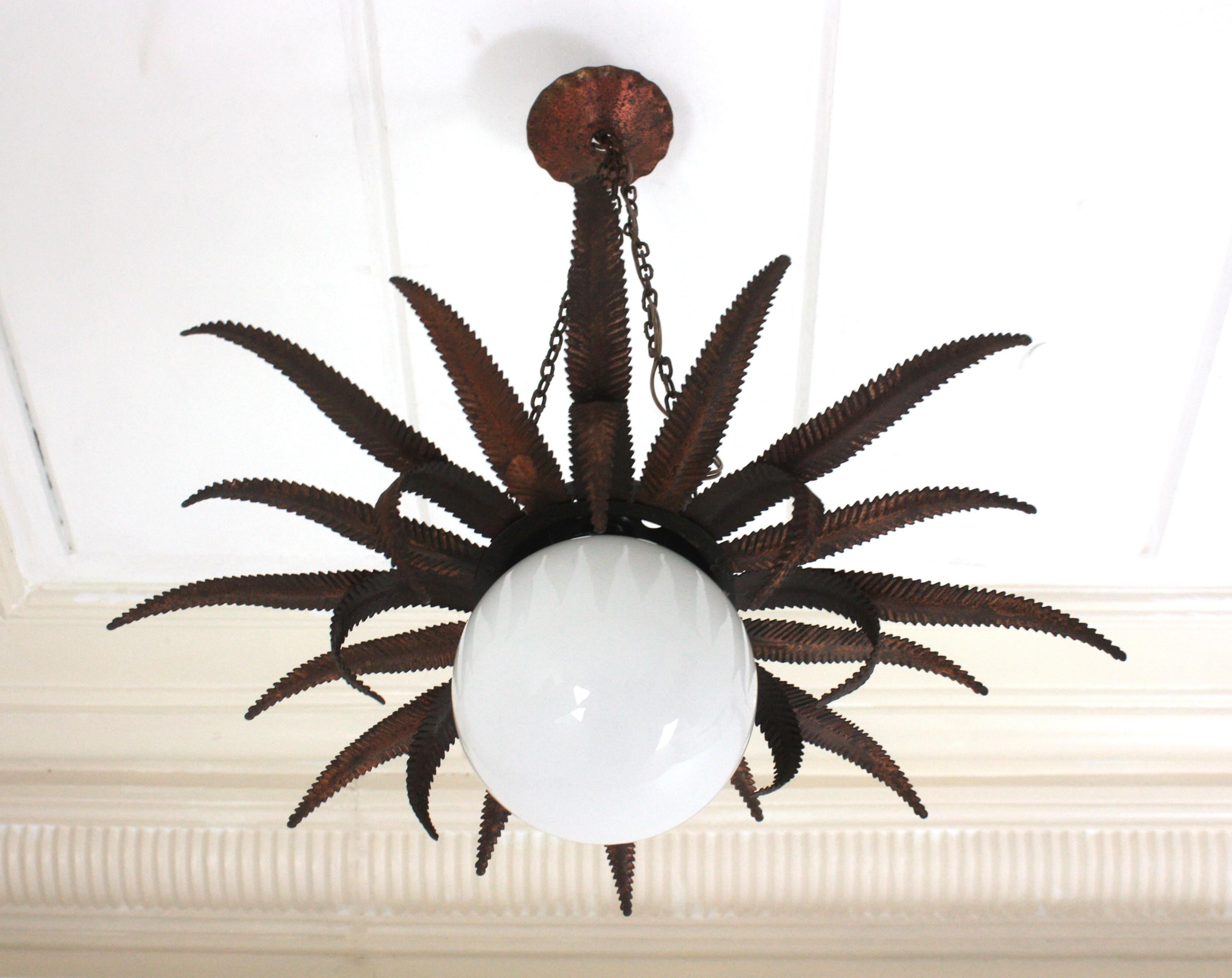 French Sunburst Starburst Pendant Light Fixture in Copper Metal and Milk Glass For Sale 2