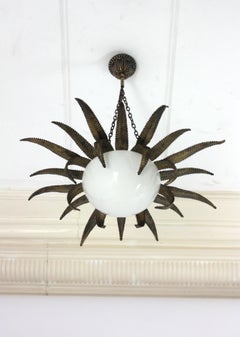 French Sunburst Starburst Pendant Light Fixture in Gilt Metal & Milk Glass, 1950