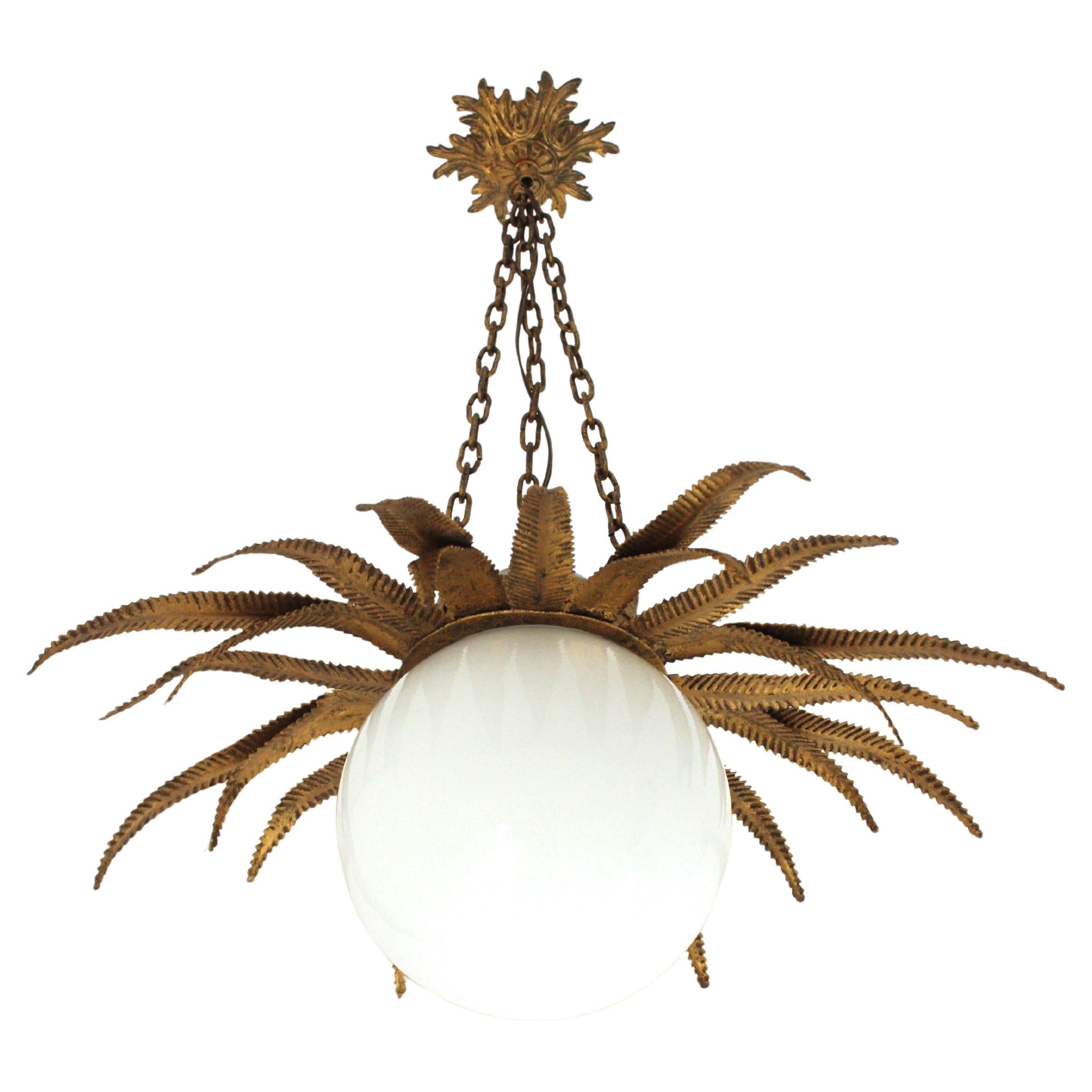 French Sunburst Starburst Pendant Light Fixture in Gilt Metal
Milk Glass, 1950