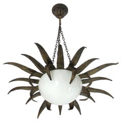 French Sunburst Starburst Pendant Light Fixture in Gilt Metal & Milk Glass, 1950