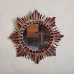 French Sunburst Wall Mirror with Red Talosel Inlay by Irena Jaworska, 1960s