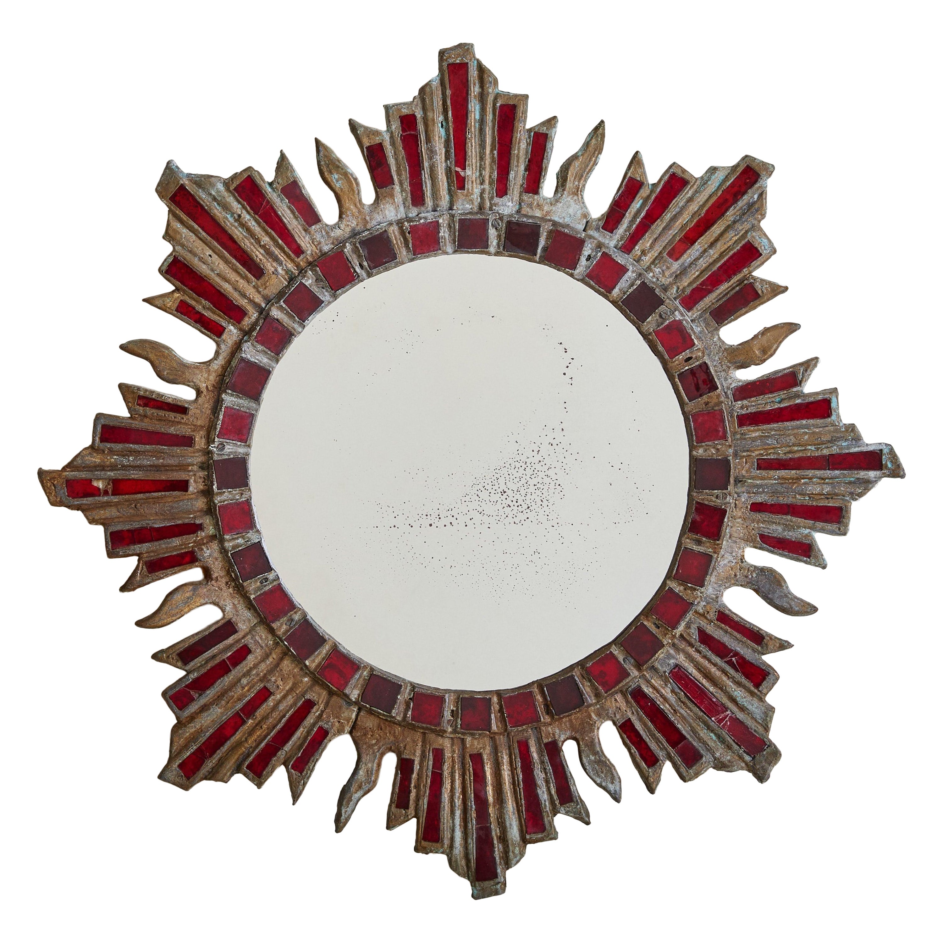 French Sunburst Wall Mirror with Red Talosel Inlay by Irena Jaworska, 1960s