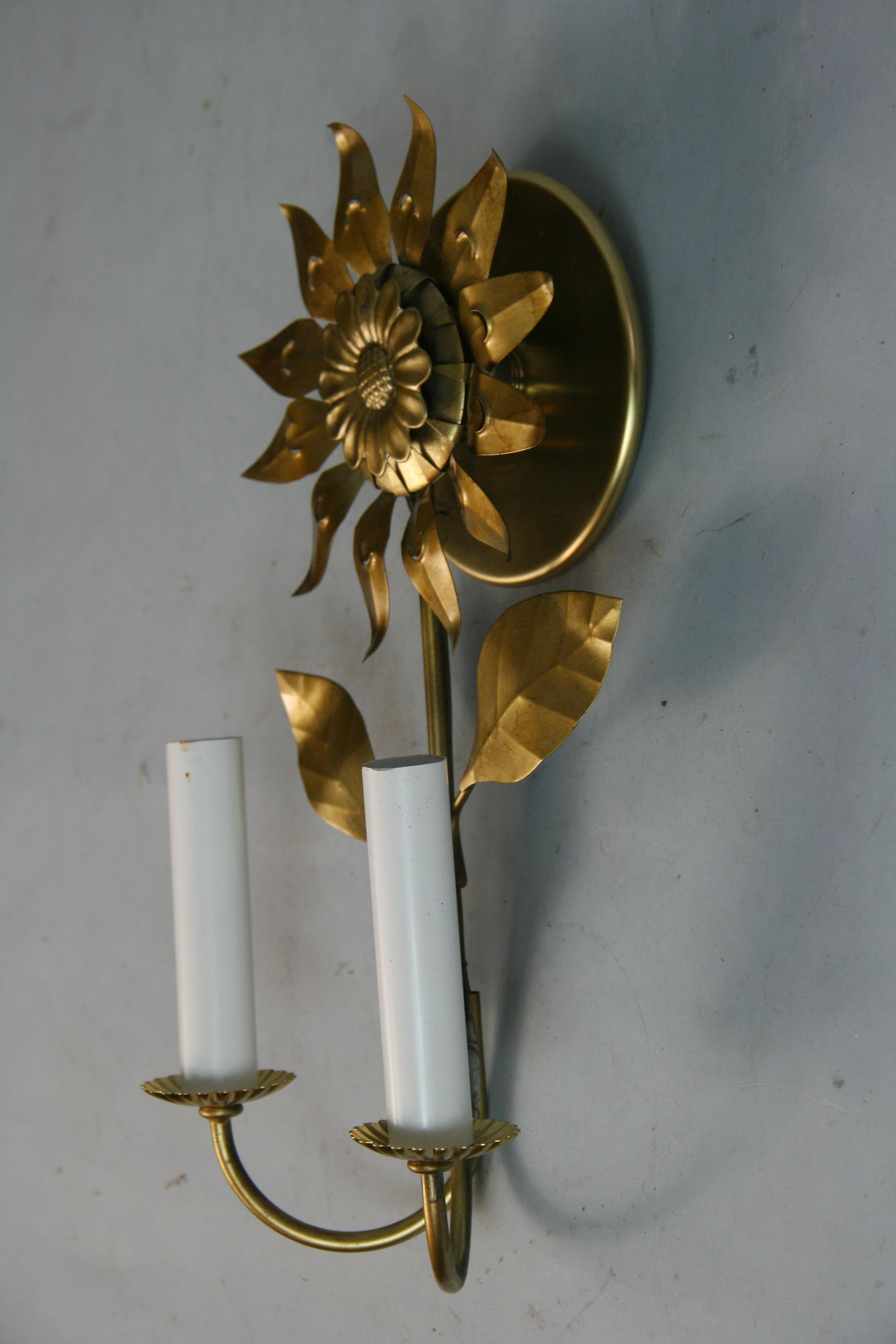 French Sunflower Tole Single Light Sconces a Pair 1960's For Sale 5