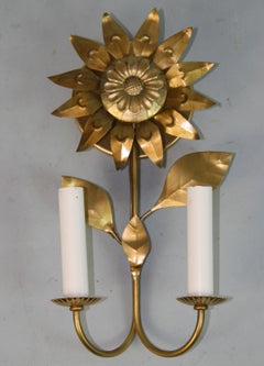 French Sunflower Tole Single Light Sconces a Pair 1960's