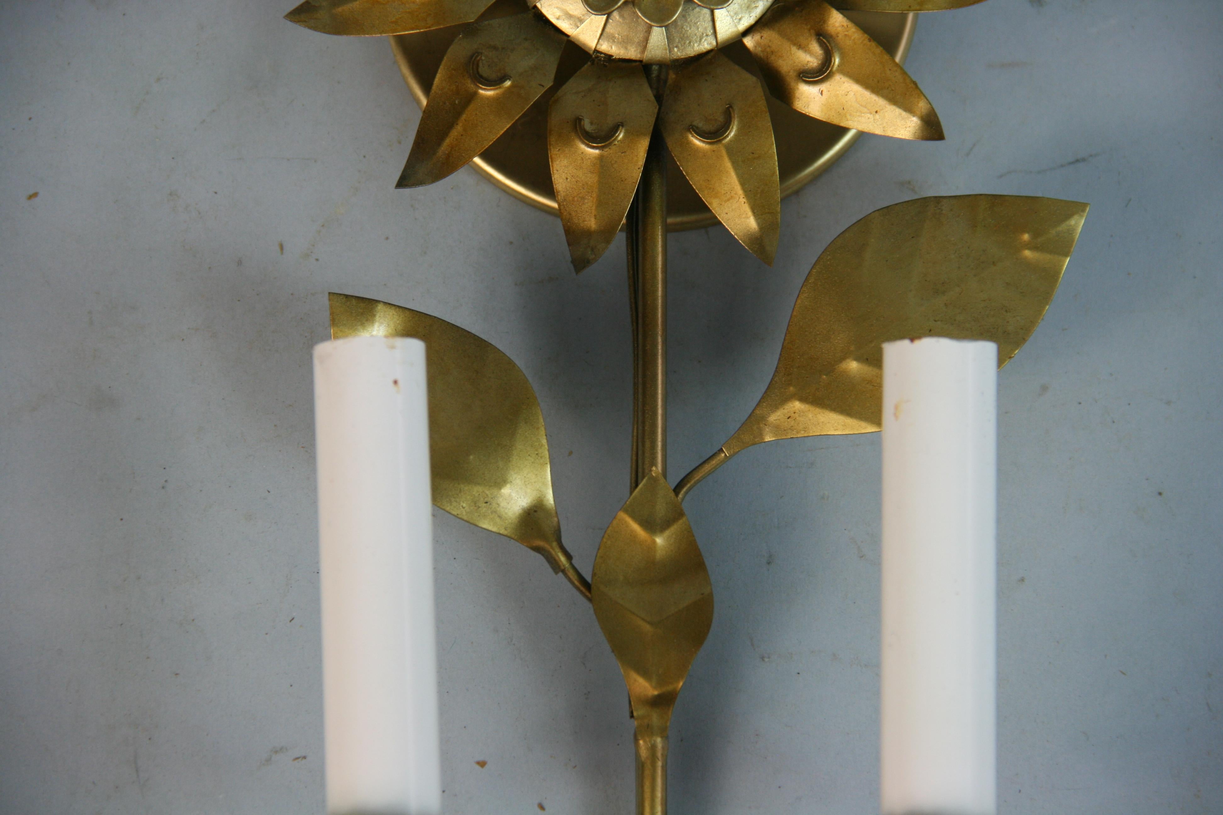 Mid-20th Century French Sunflower Tole Single Light Sconces a Pair 1960's For Sale