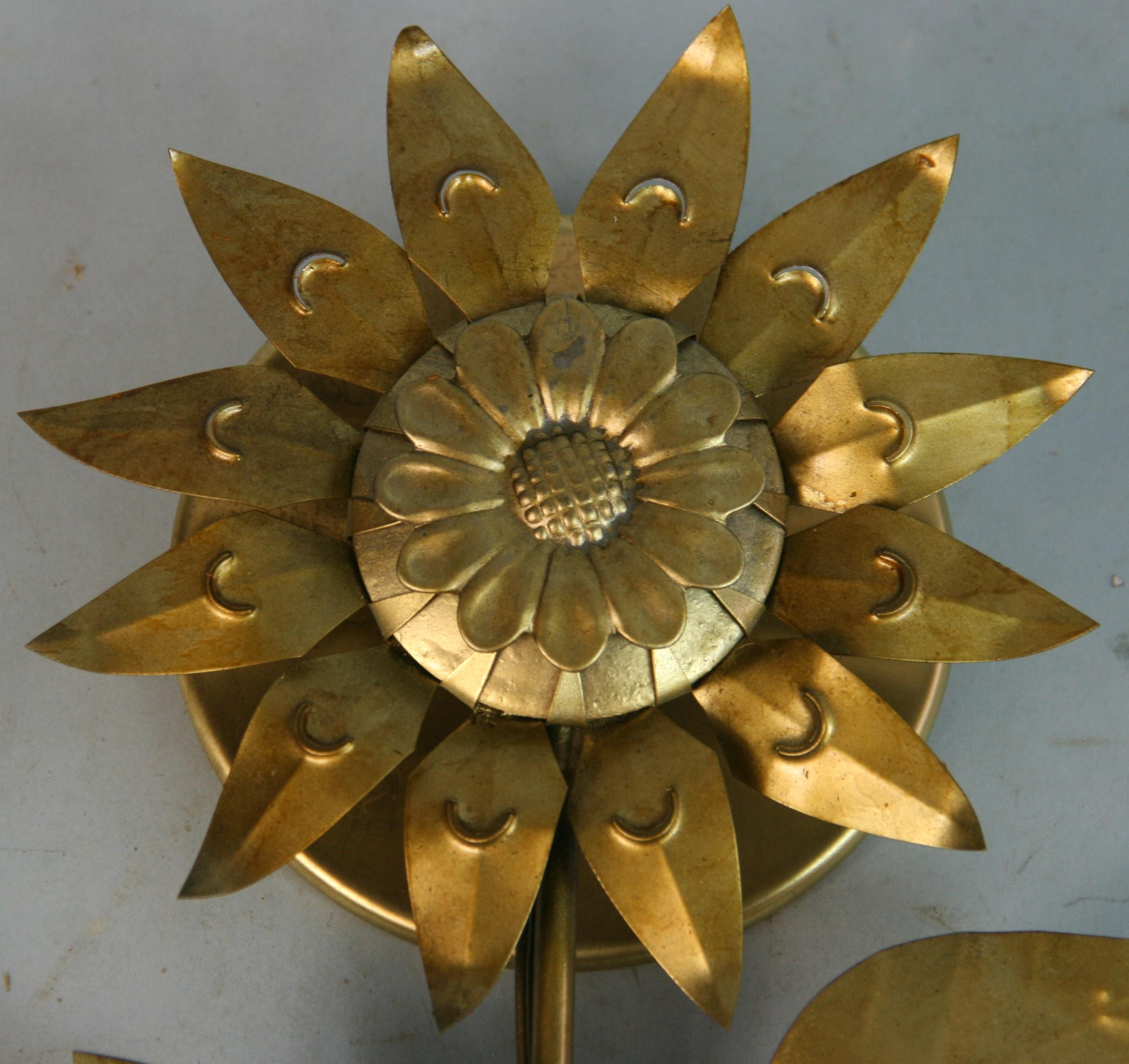 French Sunflower Tole Single Light Sconces a Pair 1960's For Sale 1