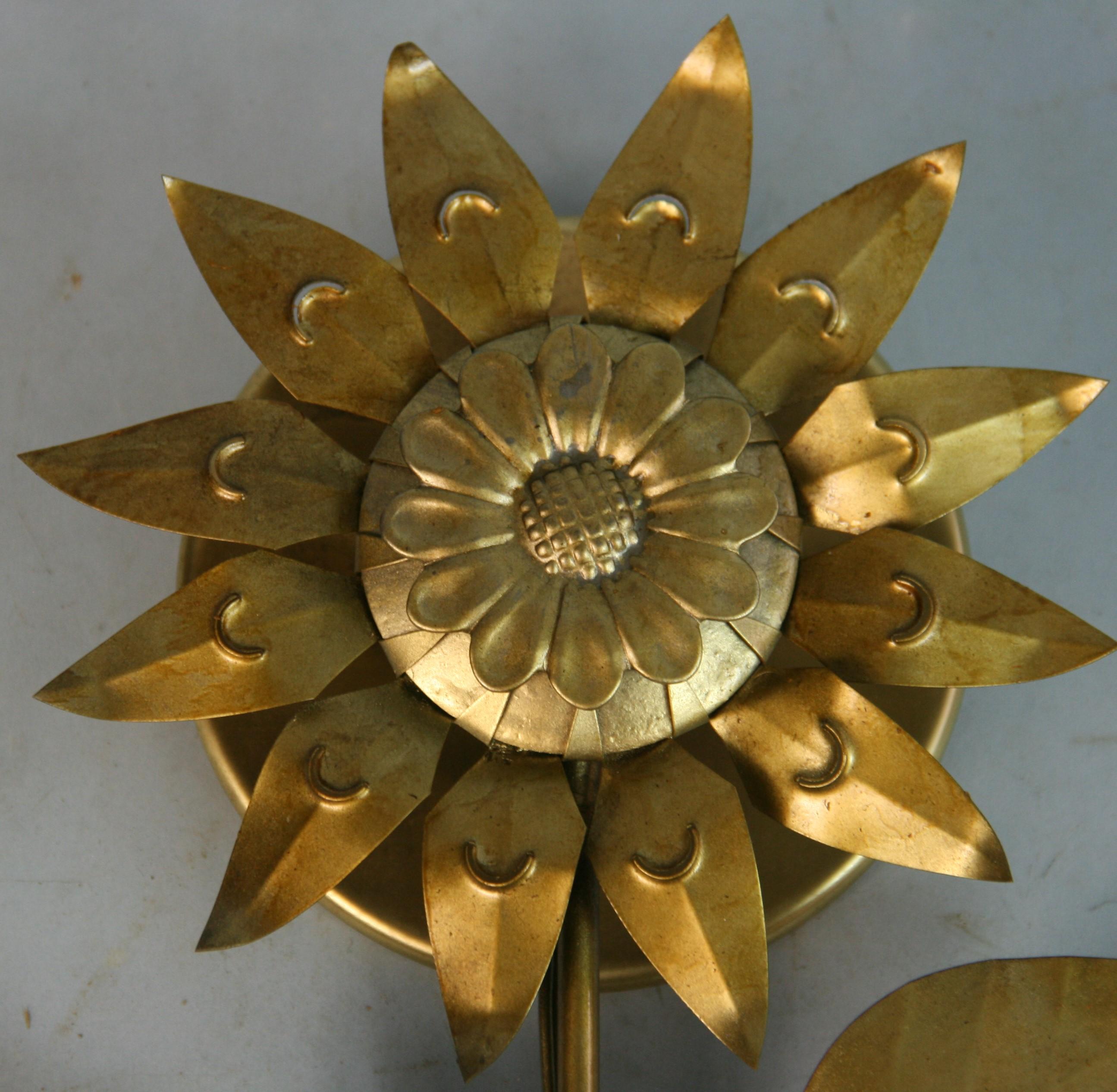 French Sunflower Tole Single Light Sconces a Pair 1960's For Sale 2