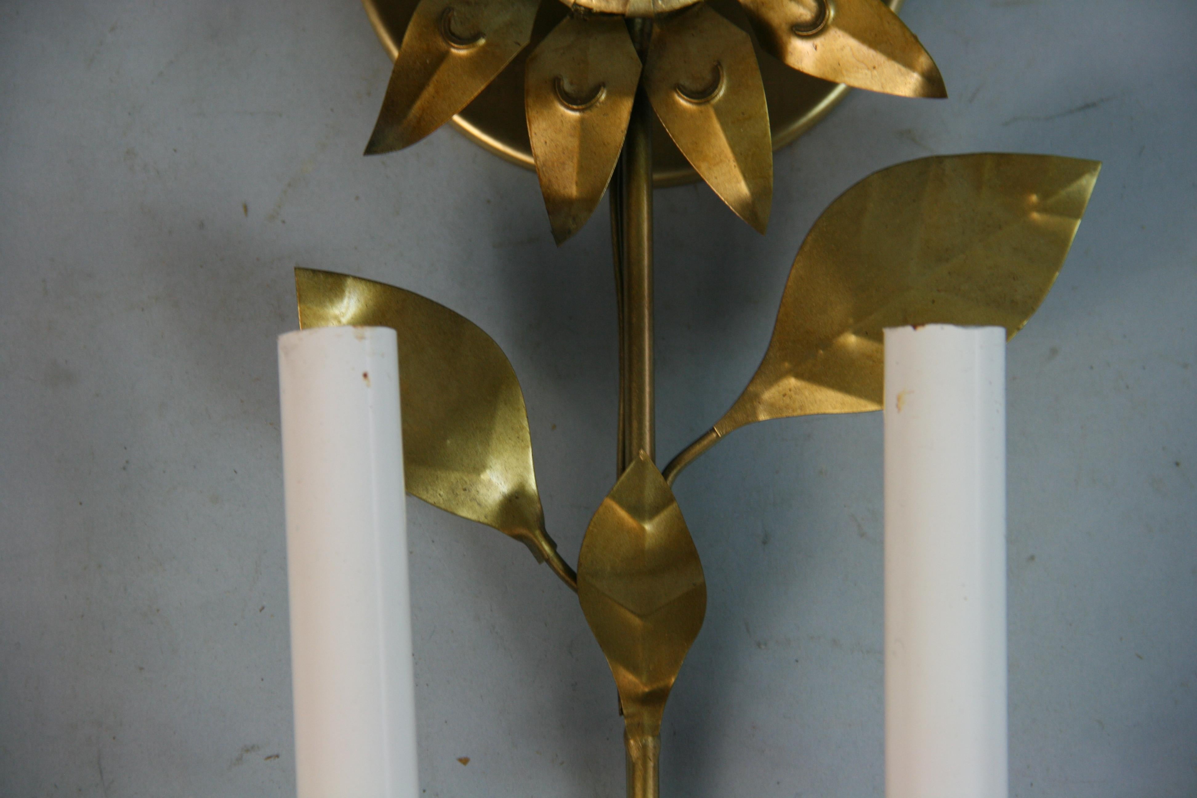 French Sunflower Tole Single Light Sconces a Pair 1960's For Sale 3